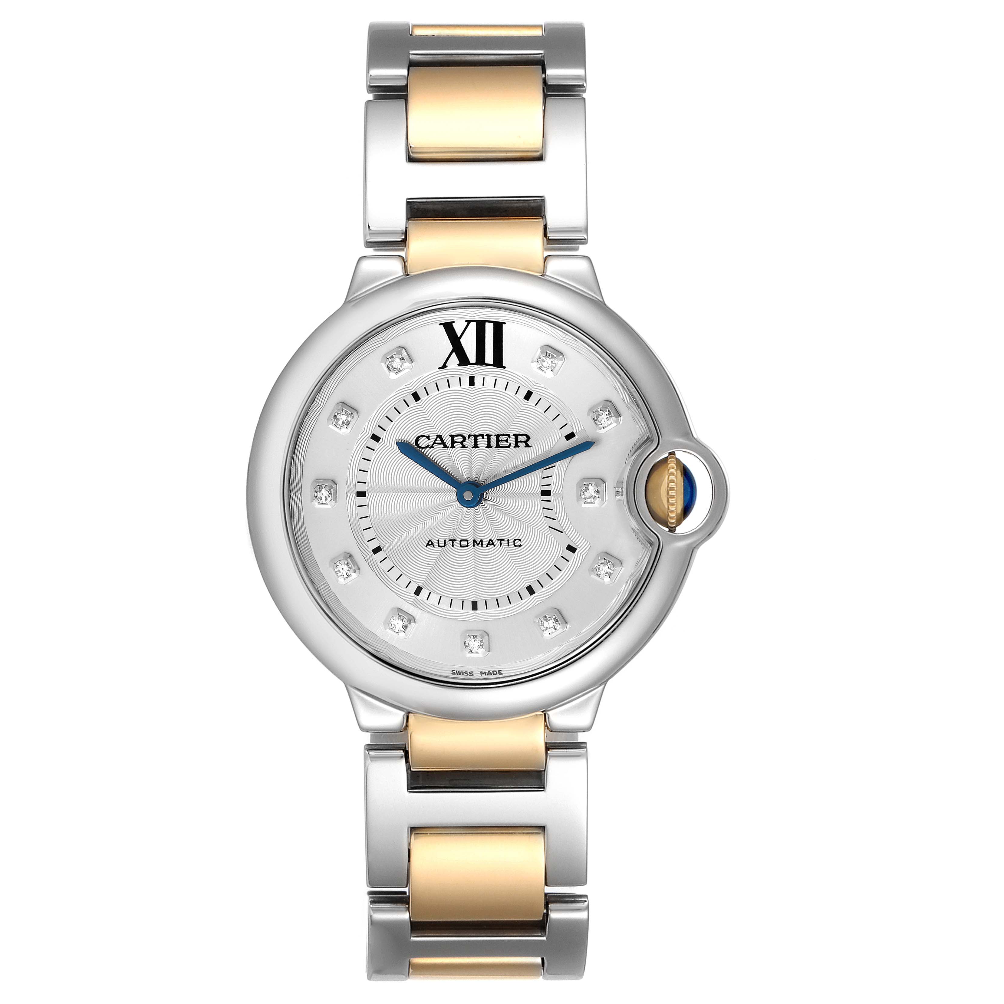 This image shows a top-down view of a Cartier Ballon Bleu W3BB0018 Women's Steel and Gold (two tone) Silver Dial W3BB0018 Women's Steel and Gold (two tone) Silver Dial watch, displaying the watch face, bezel, and bracelet.