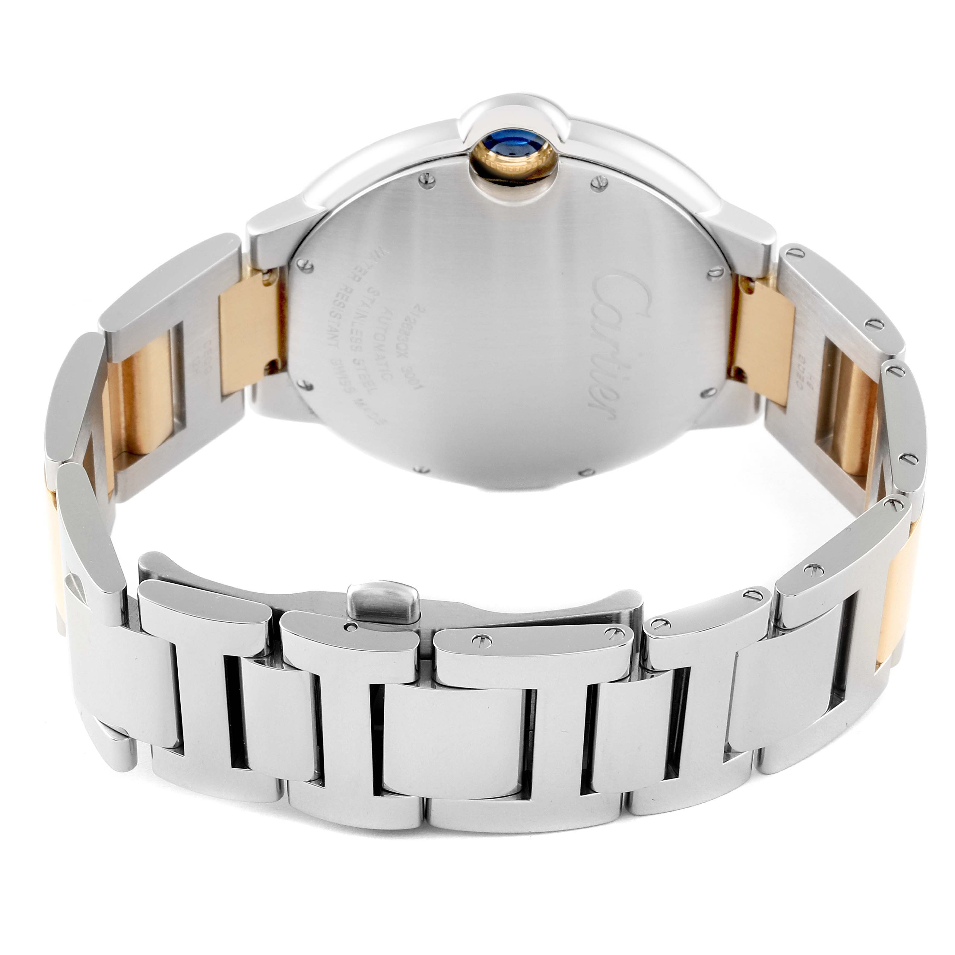 The image shows the back side and bracelet of a Cartier Ballon Bleu W69009Z3 Men
s Steel and Gold (two tone) Silver Dial W69009Z3 Men
s Steel and Gold (two tone) Silver Dial watch, highlighting the case back and metal links.