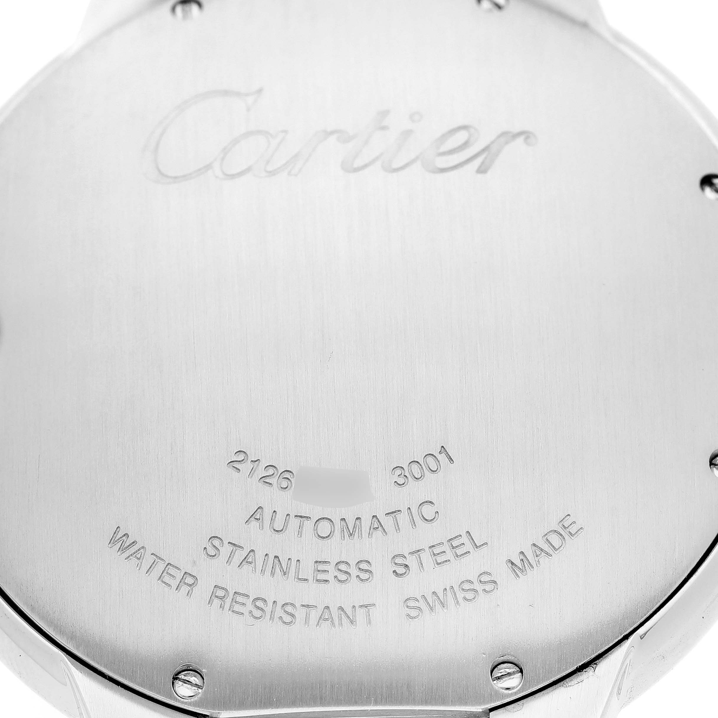 The image shows the stainless steel back case of a Cartier Ballon Bleu W69009Z3 Men
s Steel and Gold (two tone) Silver Dial W69009Z3 Men
s Steel and Gold (two tone) Silver Dial watch, displaying its specifications.
