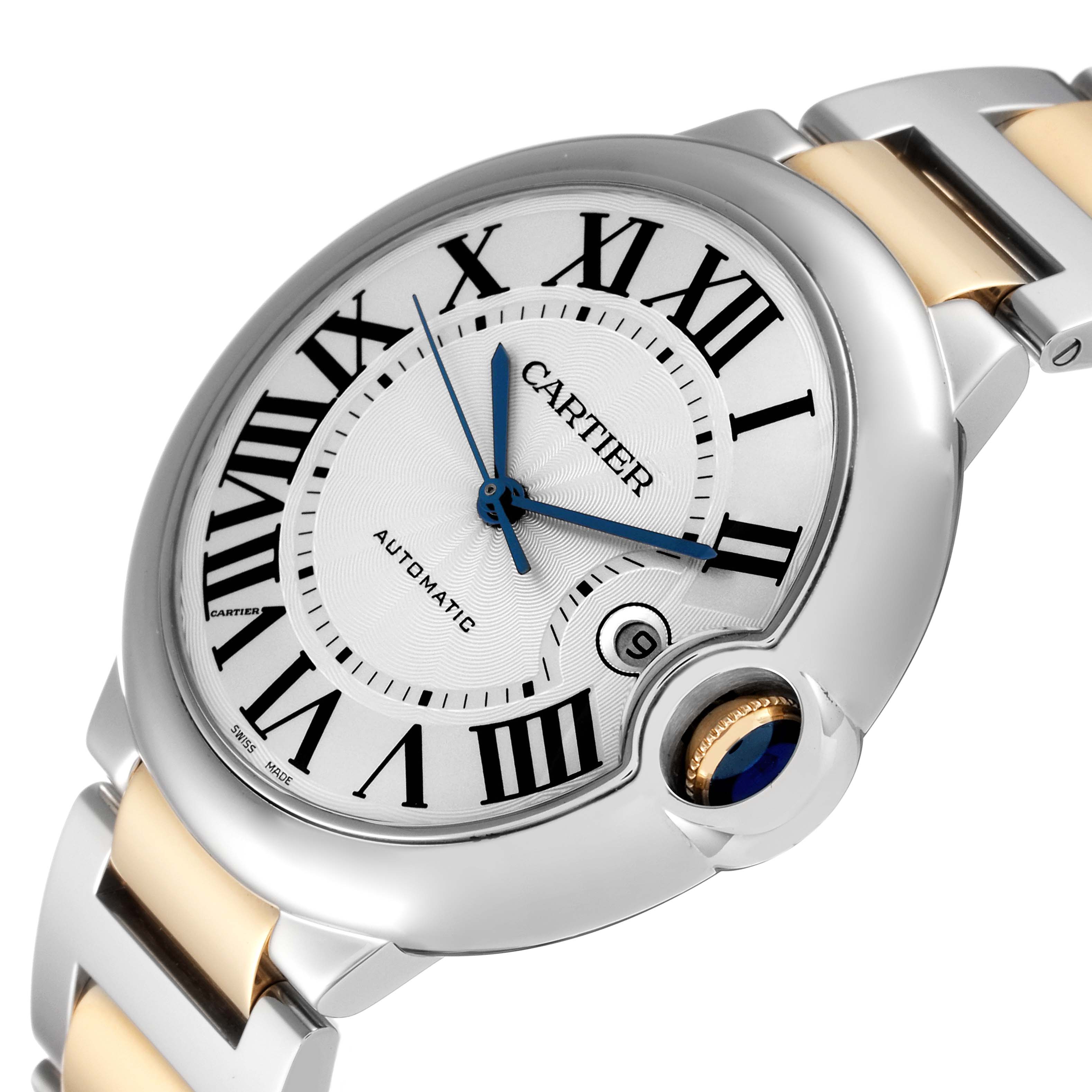 The image shows the Ballon Bleu model by Cartier from an angled top-down view, highlighting the dial and part of the bracelet.