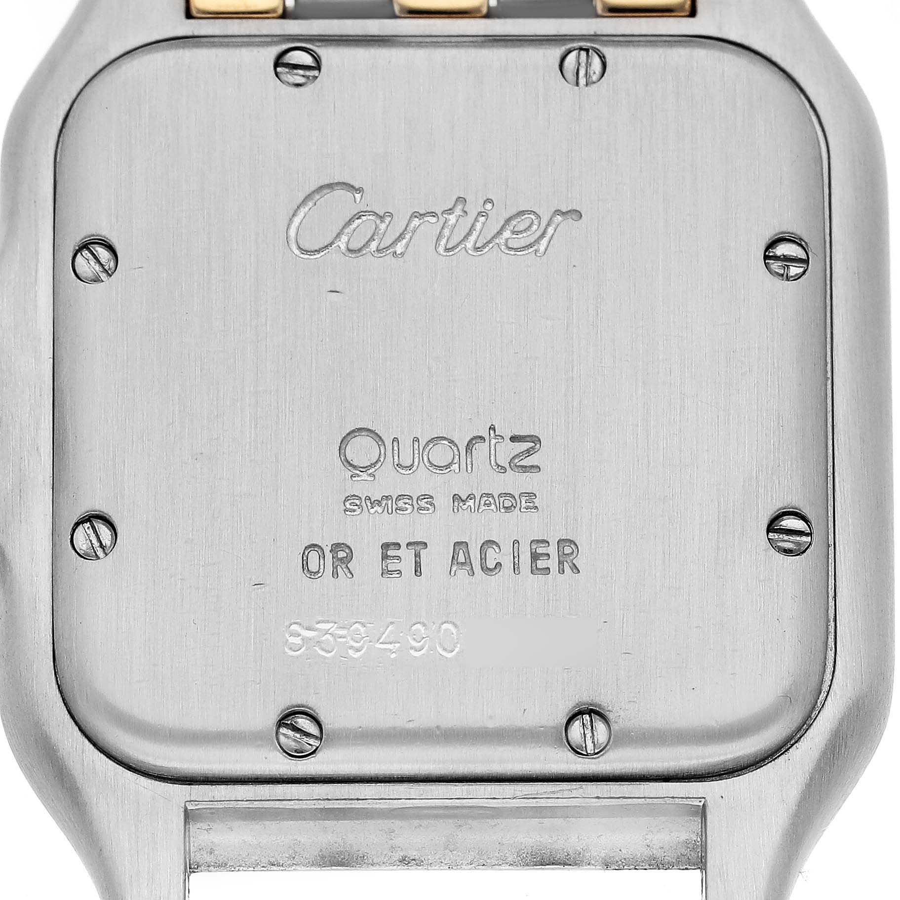 This image shows the back case of a Cartier Panthere 83083244 Women's Steel and Gold (two tone) Silver Dial 83083244 Women's Steel and Gold (two tone) Silver Dial model watch, featuring logos, text, and screws.