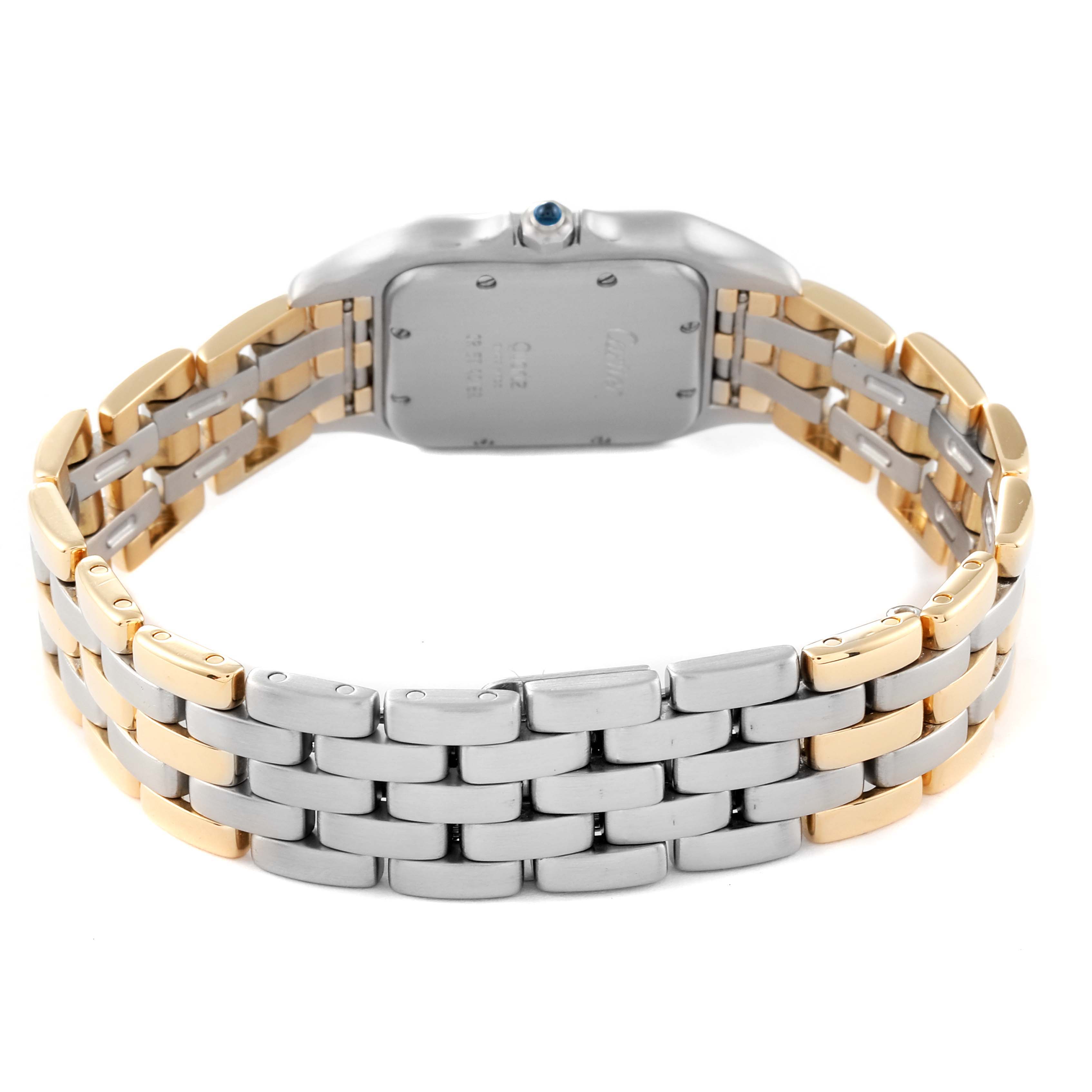 The image shows the back view of the Cartier Panthere 83083244 Women's Steel and Gold (two tone) Silver Dial 83083244 Women's Steel and Gold (two tone) Silver Dial watch, focusing on the case and gold-silver bracelet.