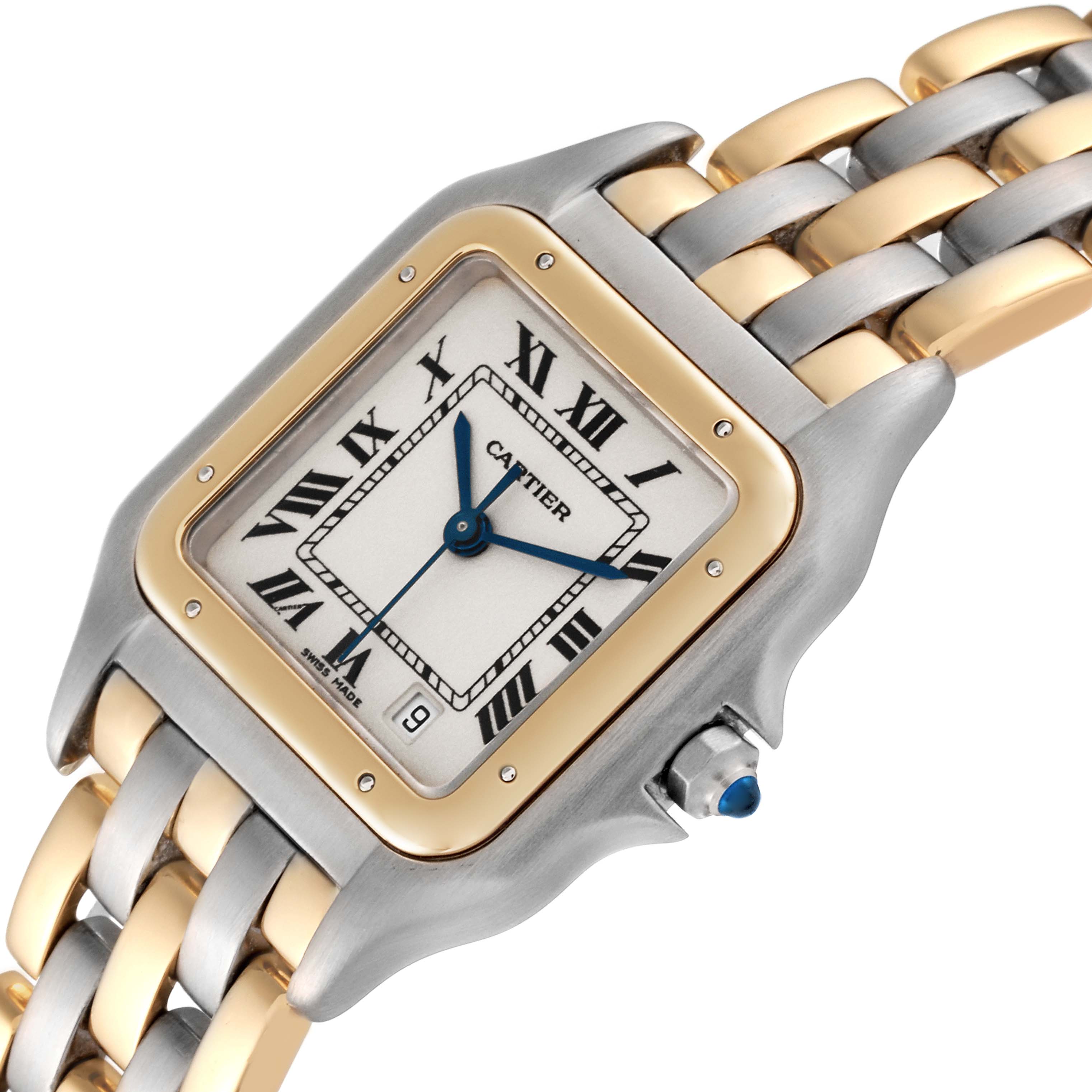 The image shows a close-up, angled view of the Cartier Panthere 83083244 Women's Steel and Gold (two tone) Silver Dial 83083244 Women's Steel and Gold (two tone) Silver Dial watch face and part of its two-tone bracelet.