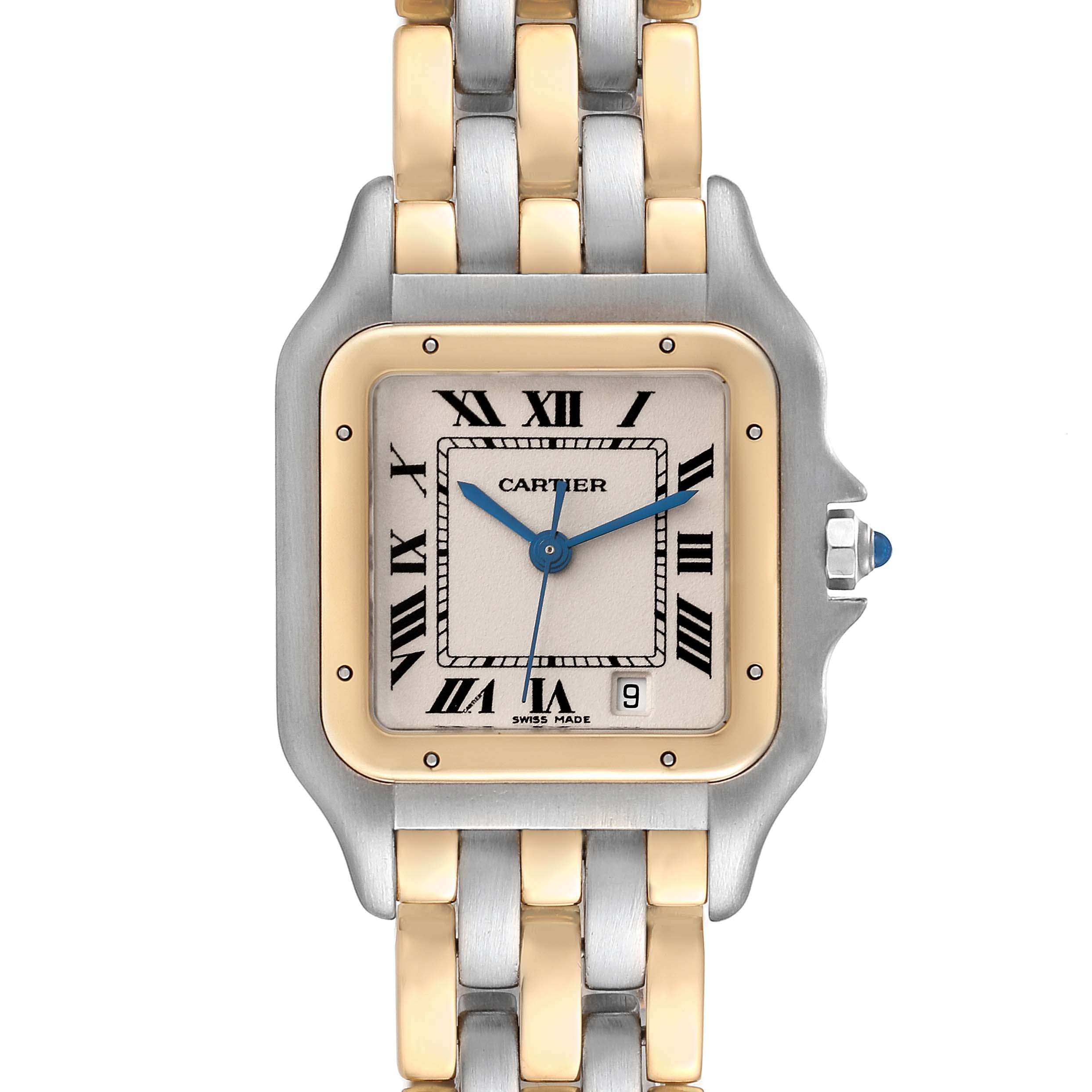 This image shows a frontal view of the Cartier Panthere 83083244 Women's Steel and Gold (two tone) Silver Dial 83083244 Women's Steel and Gold (two tone) Silver Dial watch, highlighting its dial, bezel, and two-tone bracelet.