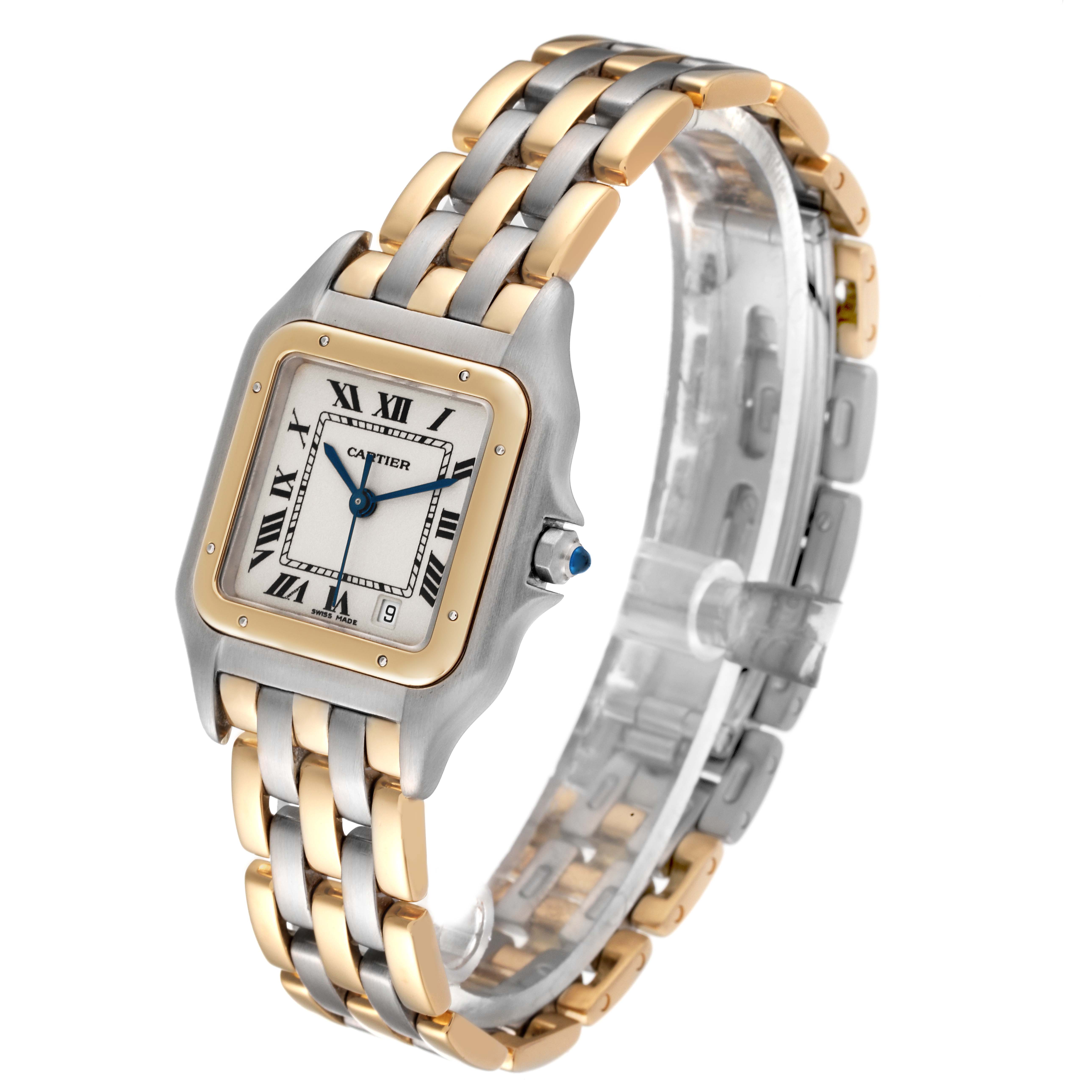 The Cartier Panthère watch is shown at an angle highlighting the face, bezel, and two-tone bracelet.