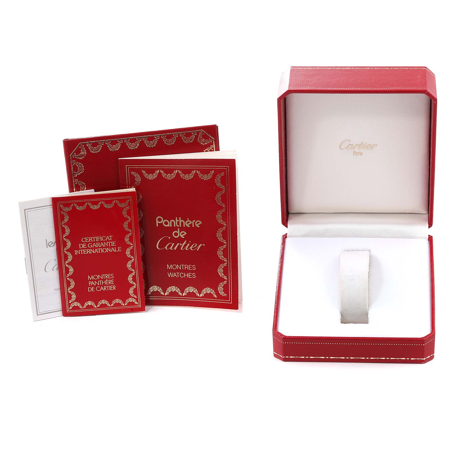 The image shows the Cartier Panthere 83083244 Women's Steel and Gold (two tone) Silver Dial 83083244 Women's Steel and Gold (two tone) Silver Dial watch's presentation box, warranty booklets, and manuals.
