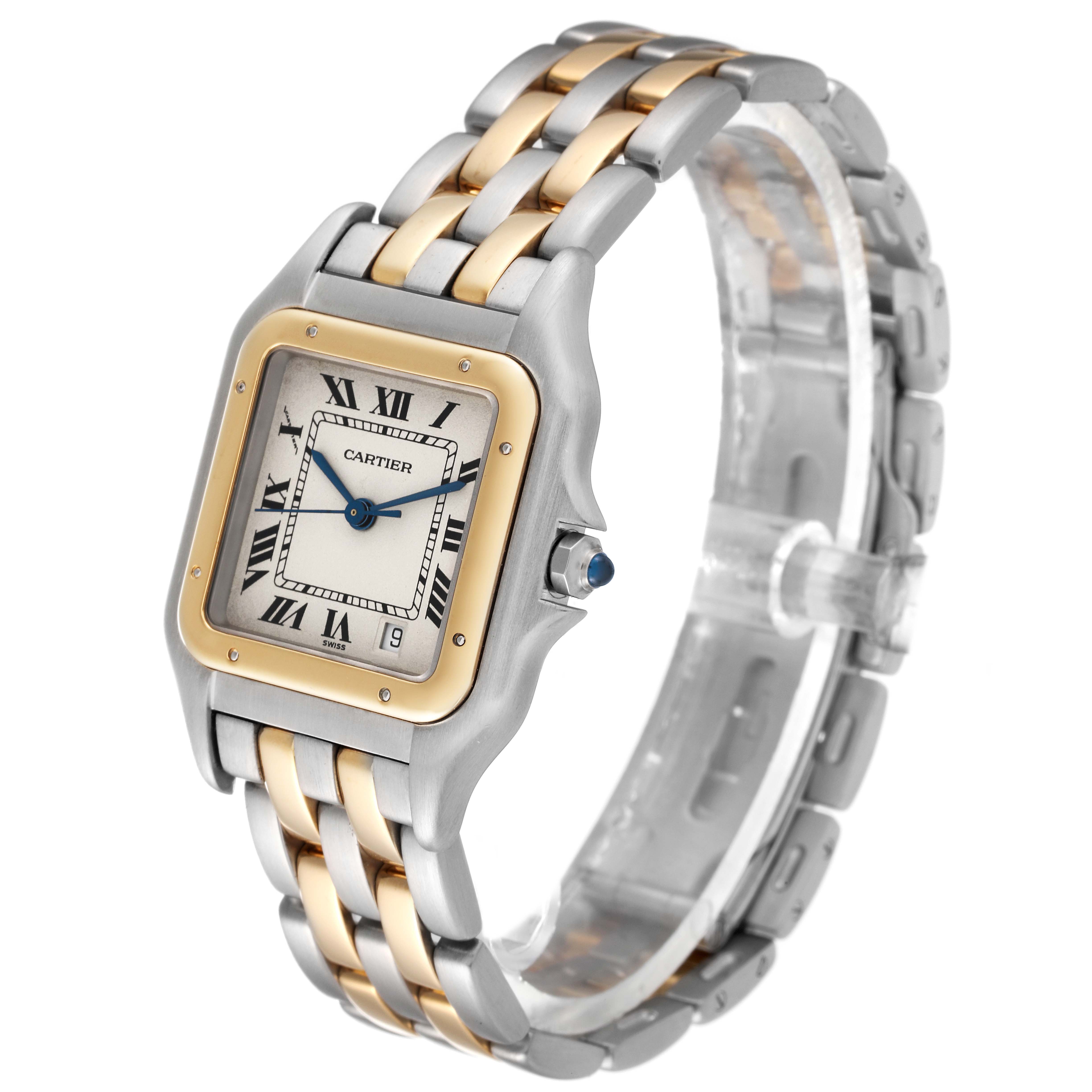 The Panthere model by Cartier is shown at an angle, highlighting its squared dial and two-tone metal bracelet.