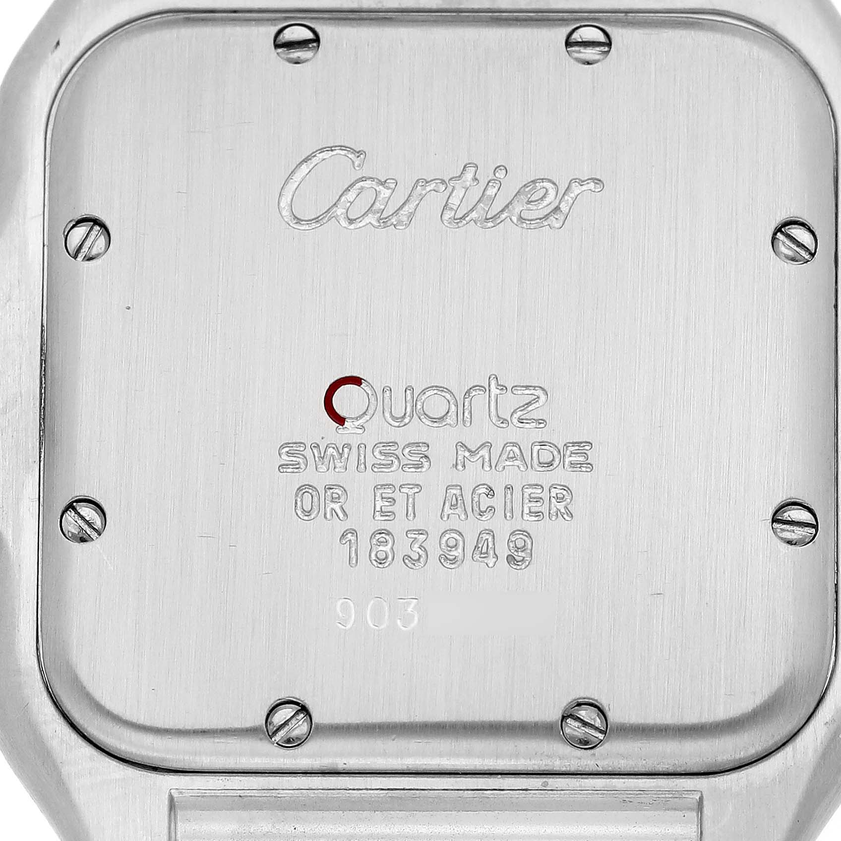 The image shows the back case of the Cartier Panthere W25028B8 Women's Steel and Gold (two tone) Silver Dial W25028B8 Women's Steel and Gold (two tone) Silver Dial watch, highlighting brand engravings and other details.