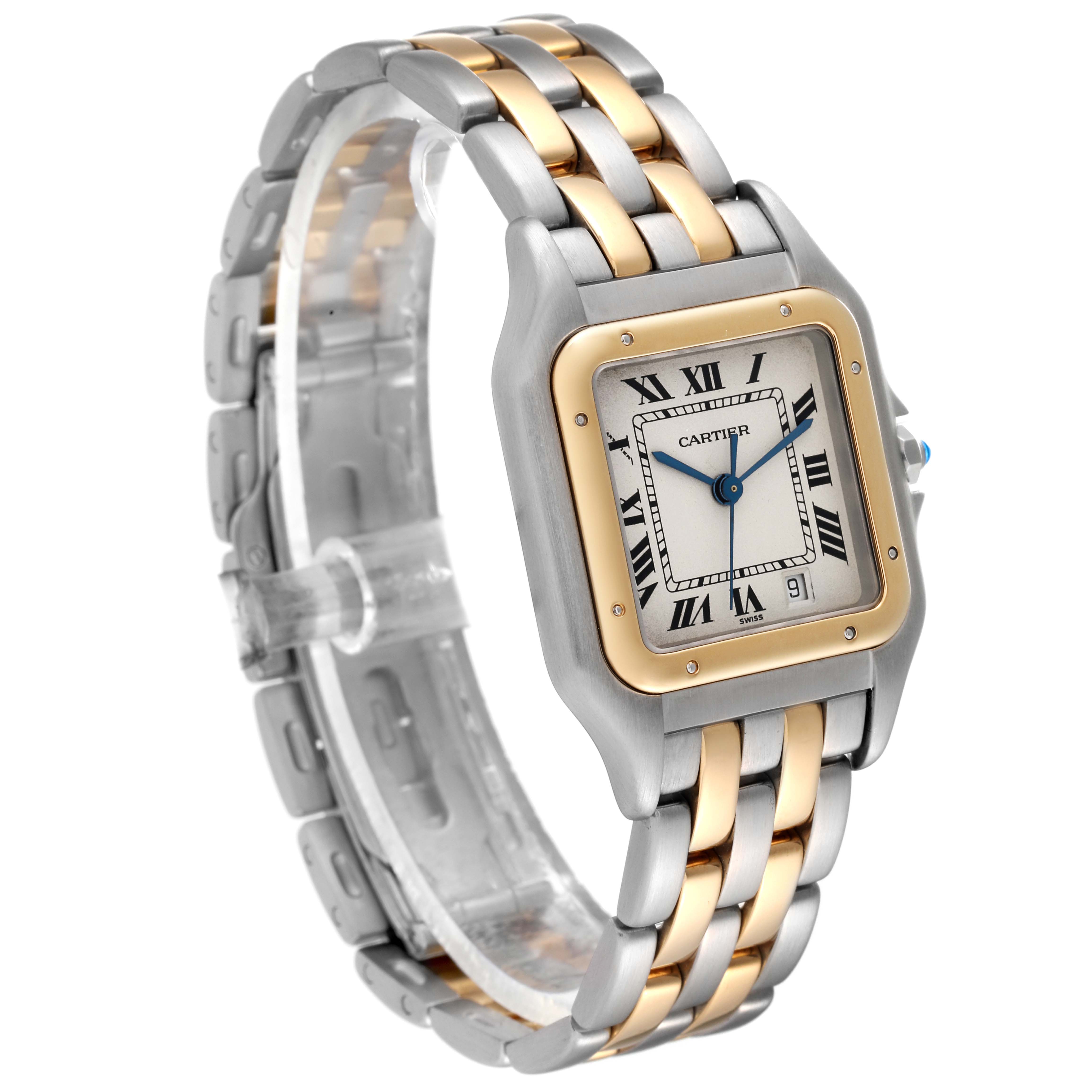The Cartier Panthere W25028B8 Women's Steel and Gold (two tone) Silver Dial W25028B8 Women's Steel and Gold (two tone) Silver Dial watch is shown at an angle, displaying the face, dial, and two-tone metal bracelet.