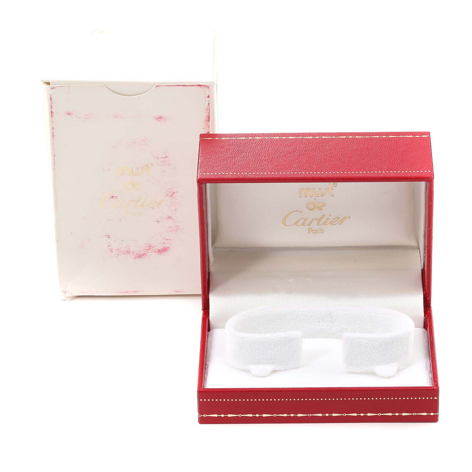 This image shows the packaging and open display box for a Cartier Panthere W25028B8 Women's Steel and Gold (two tone) Silver Dial W25028B8 Women's Steel and Gold (two tone) Silver Dial model watch, including the interior cushioning.