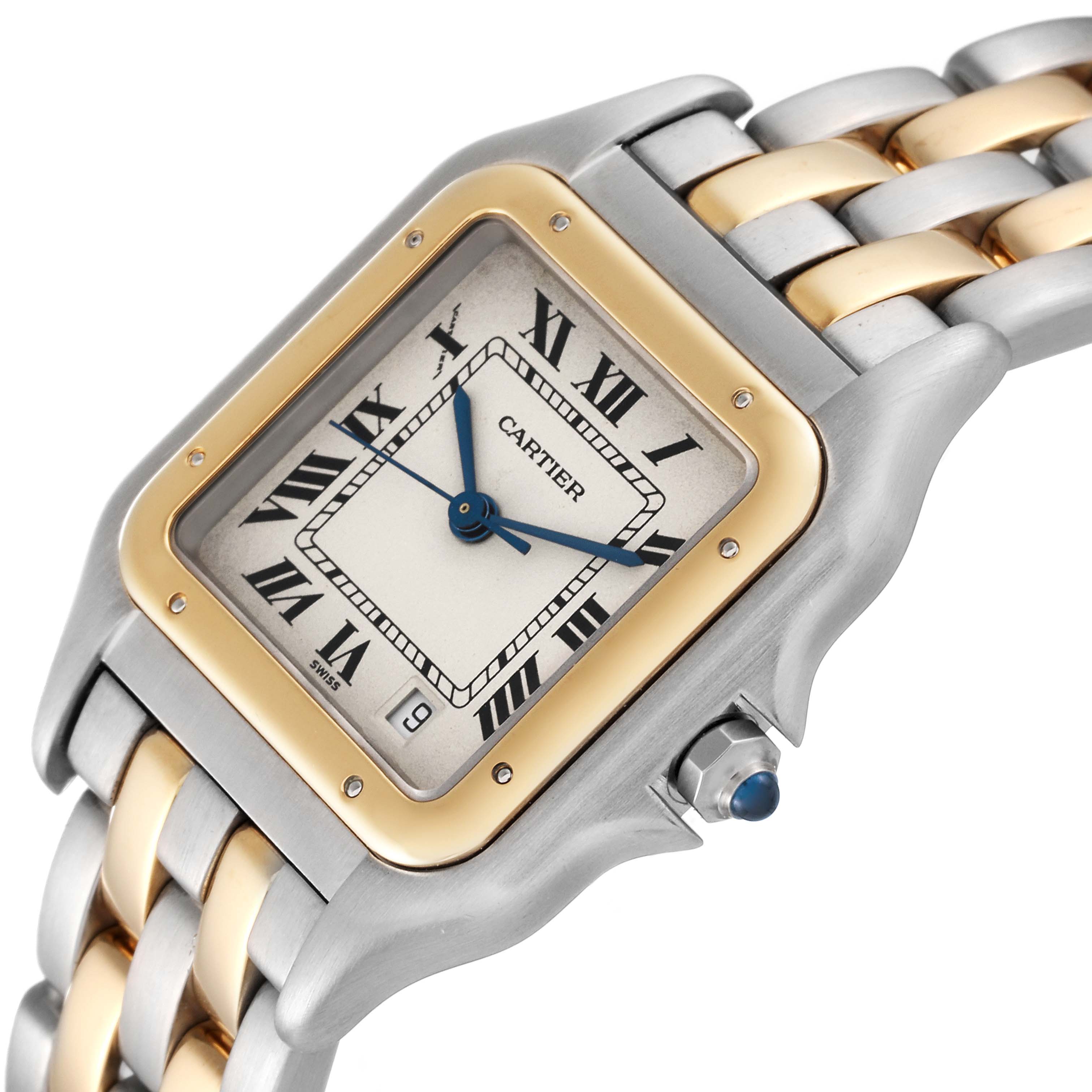 The image shows a close-up of the Cartier Panthere W25028B8 Women's Steel and Gold (two tone) Silver Dial W25028B8 Women's Steel and Gold (two tone) Silver Dial model watch, highlighting its dial, bezel, crown, and bracelet.