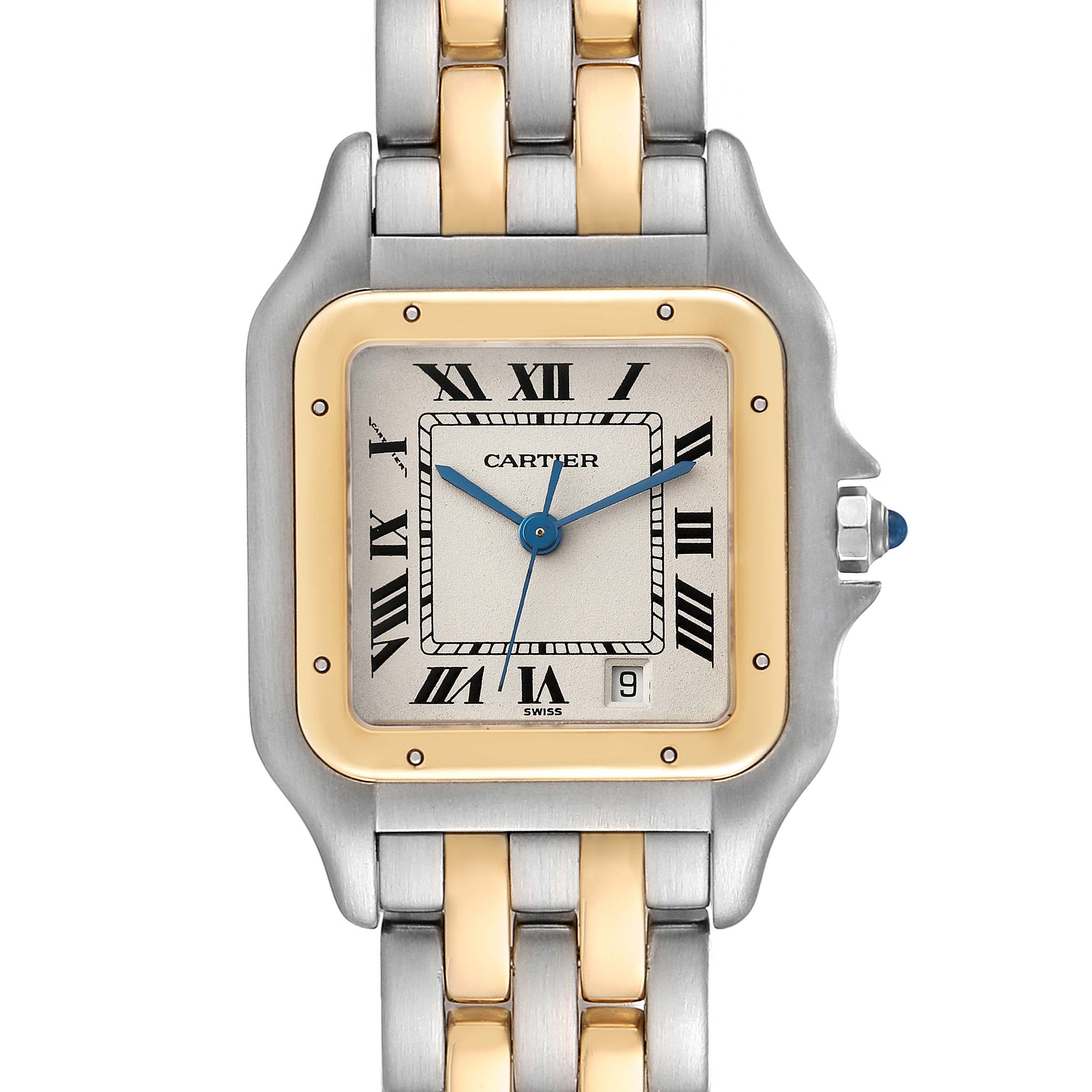 This image shows a front view of a Cartier Panthere W25028B8 Women's Steel and Gold (two tone) Silver Dial W25028B8 Women's Steel and Gold (two tone) Silver Dial watch, featuring its square face, Roman numeral dial, and two-tone bracelet.
