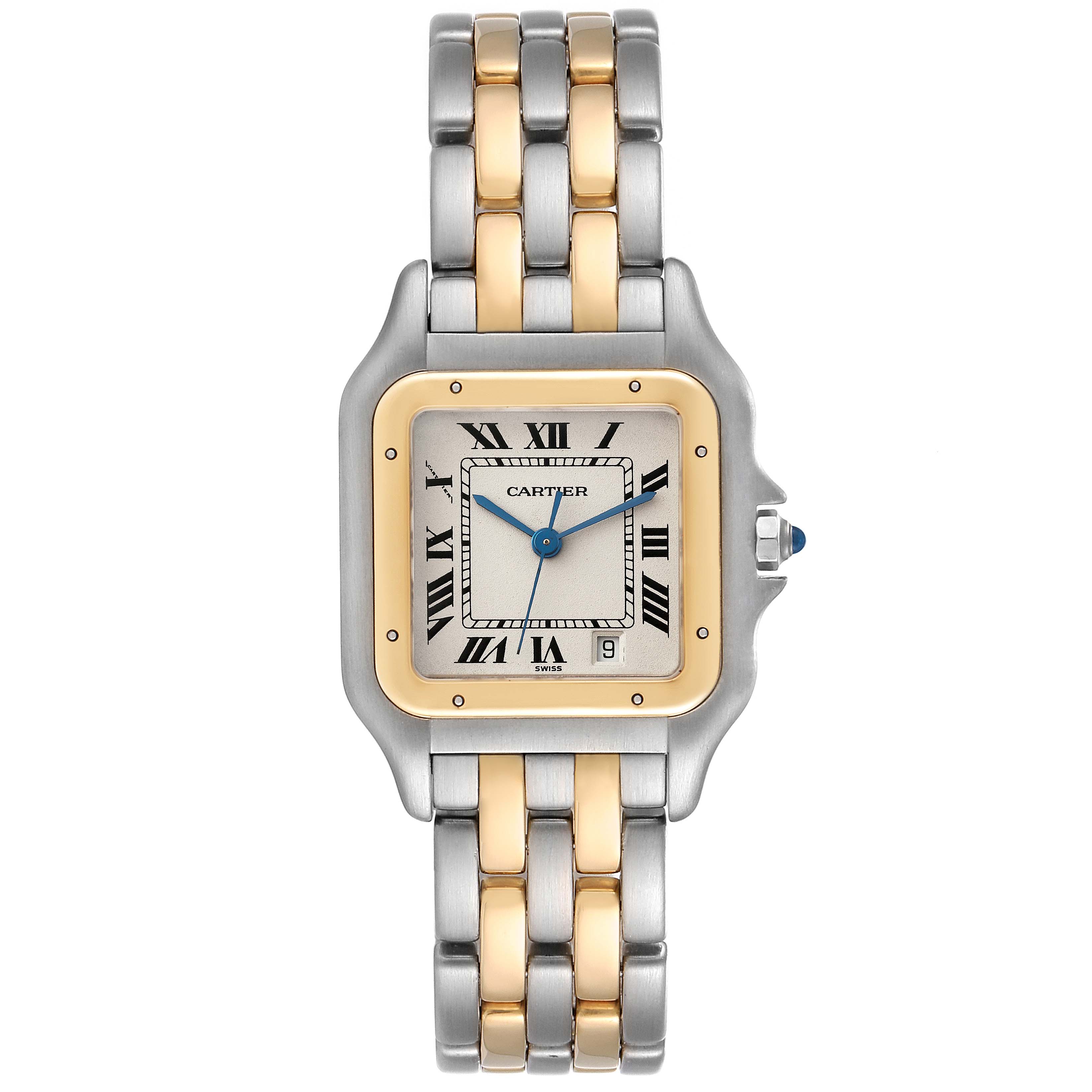 This image shows a frontal view of a Cartier Panthere W25028B8 Women's Steel and Gold (two tone) Silver Dial W25028B8 Women's Steel and Gold (two tone) Silver Dial model watch, highlighting its dual-tone bracelet and square face with Roman numerals.