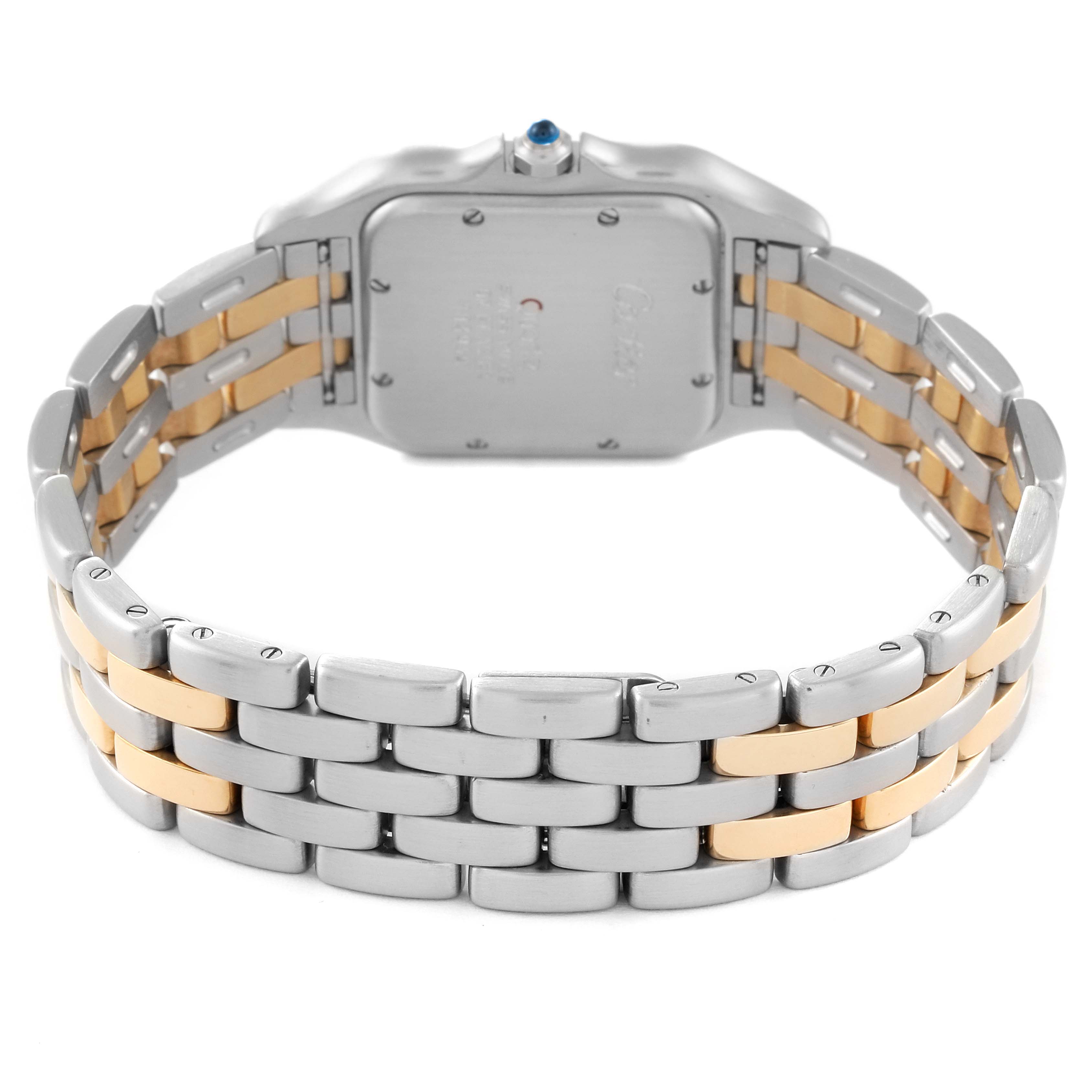 The image shows the back and bracelet of the Cartier Panthere W25028B8 Women's Steel and Gold (two tone) Silver Dial W25028B8 Women's Steel and Gold (two tone) Silver Dial watch with a two-tone metal design.