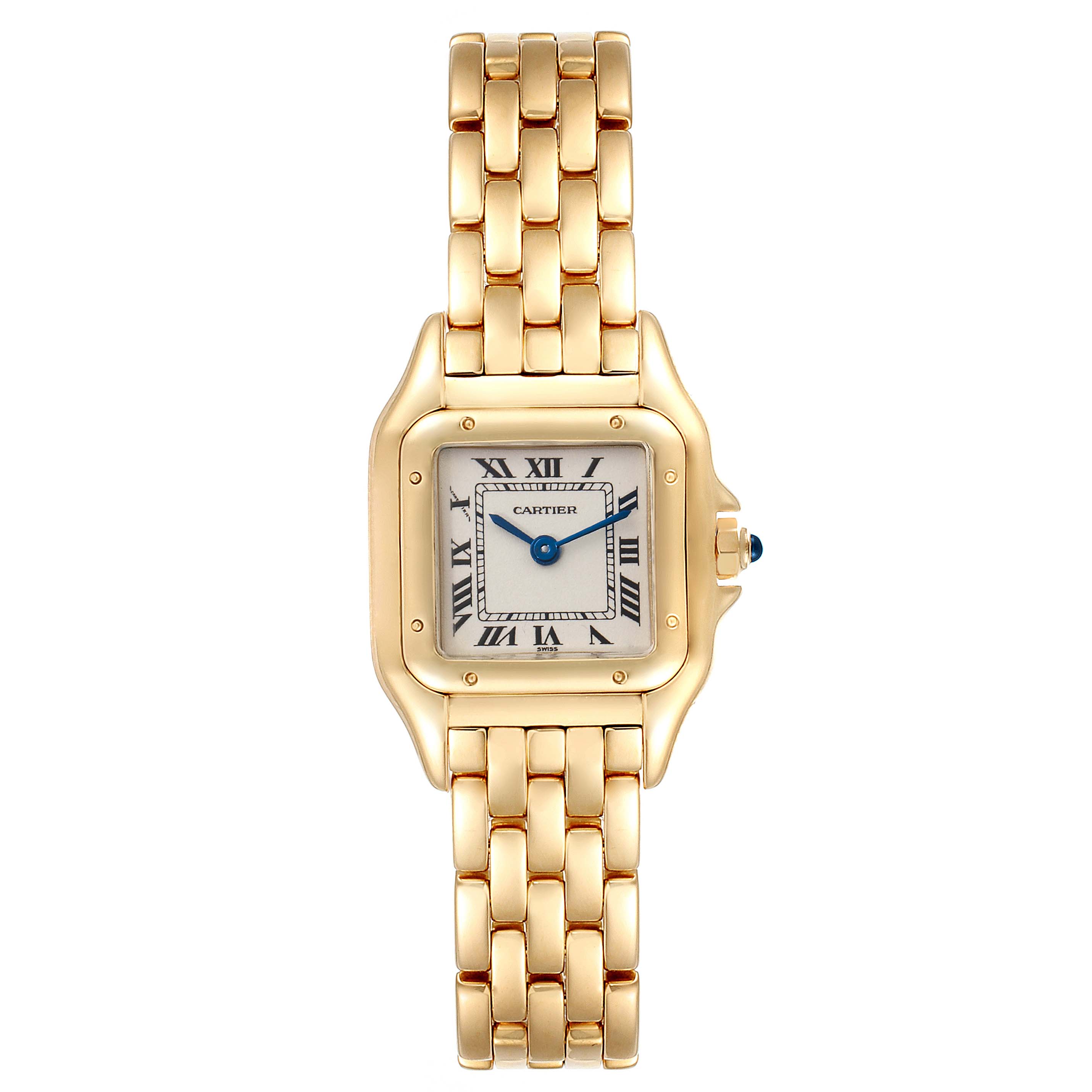 The image shows a front view of a gold Cartier Panthère watch, featuring its dial, bezel, and bracelet.