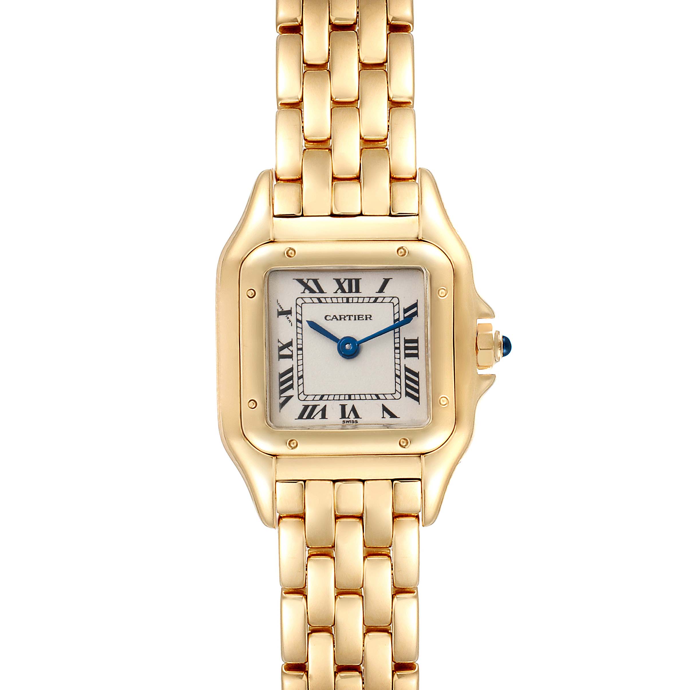 This is a frontal view of the Cartier Panthere W25022B9 Women
s Yellow Gold Silver Dial W25022B9 Women
s Yellow Gold Silver Dial watch, showcasing its gold bracelet, square dial, and blue cabochon crown.