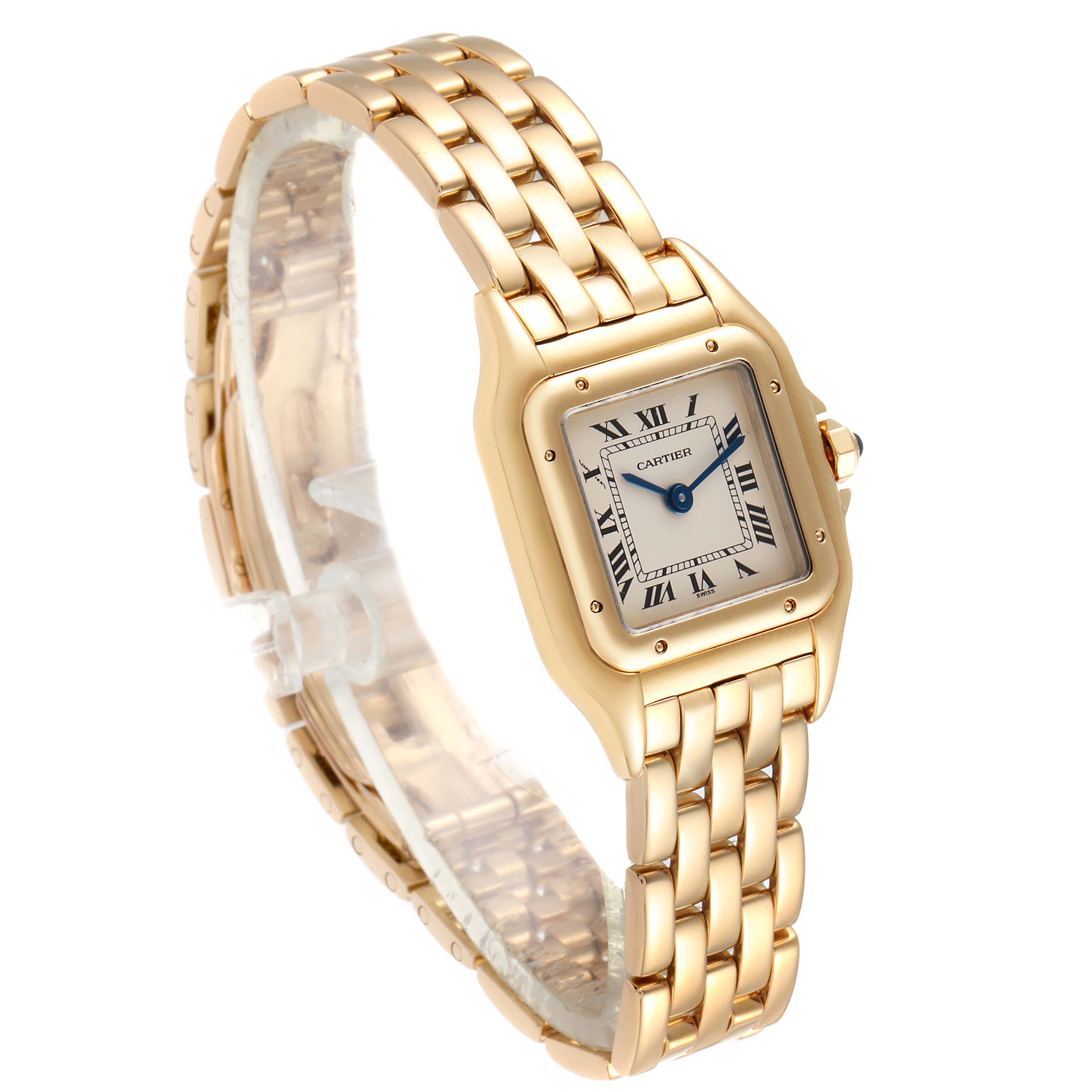 The Cartier Panthere W25022B9 Women
s Yellow Gold Silver Dial W25022B9 Women
s Yellow Gold Silver Dial watch is shown at a slight angle, displaying the face, gold case, and linked gold bracelet.
