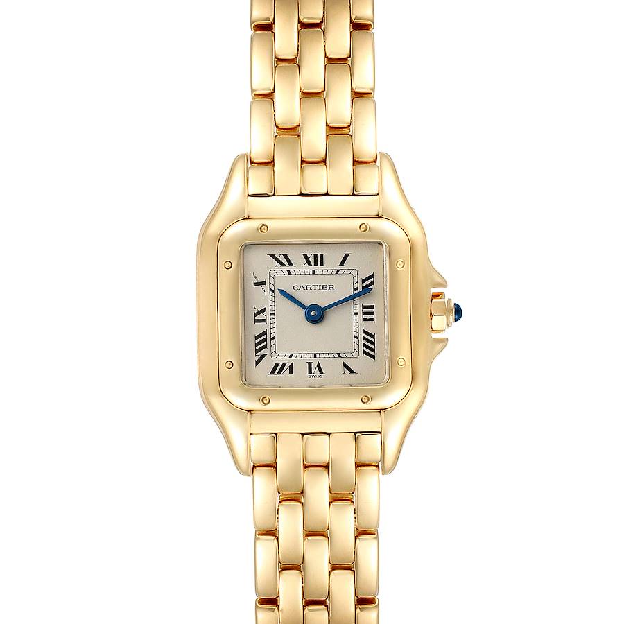 The image shows a front view of a Cartier Panthere watch, highlighting its gold case, Roman numeral dial, and linked bracelet.