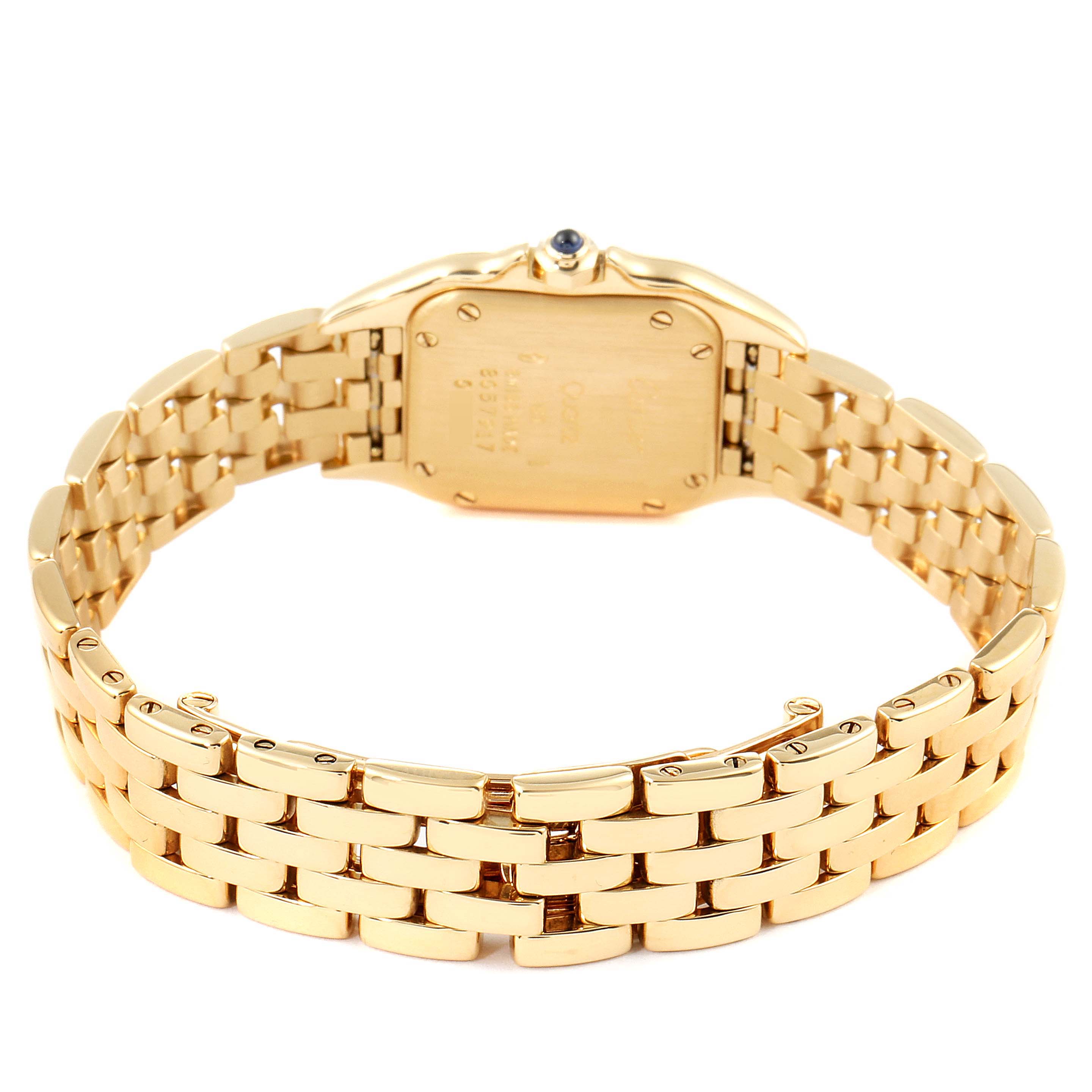 This image shows the back and bracelet of a Cartier Panthere W25022B9 Women
s Yellow Gold Silver Dial W25022B9 Women
s Yellow Gold Silver Dial watch, highlighting the gold links and case back.