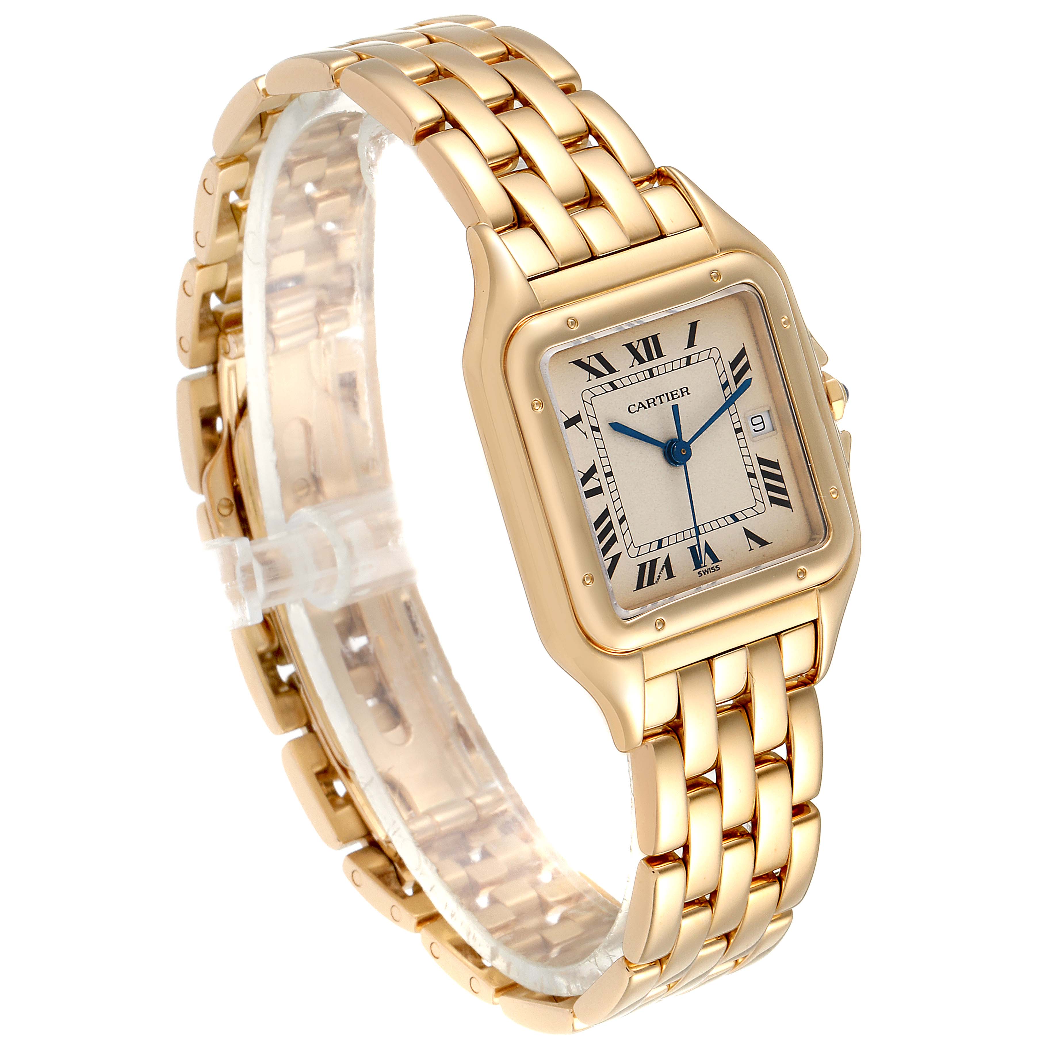 The image shows a Panthere model by Cartier from an angled side view, highlighting the gold bracelet and square face.