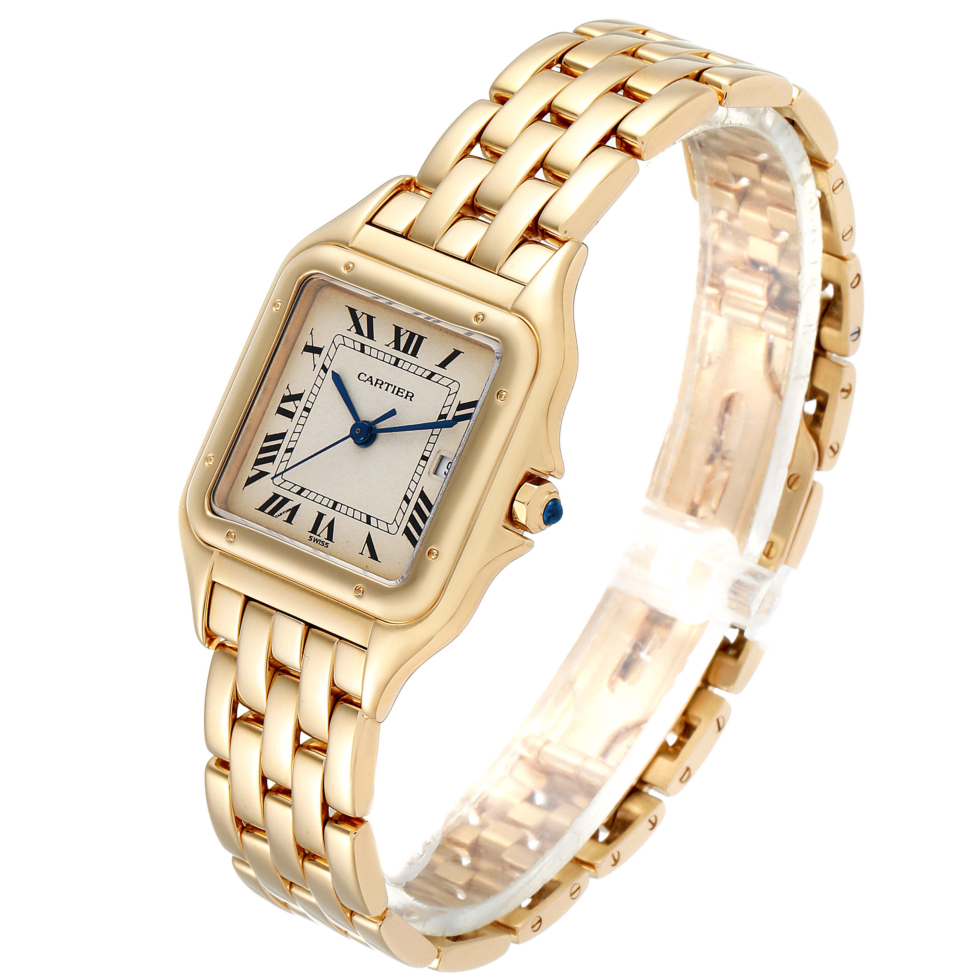 The image shows a front angle of the Cartier Panthere W25014B9 Men's Yellow Gold Silver Dial W25014B9 Men's Yellow Gold Silver Dial watch, highlighting its gold case and bracelet.