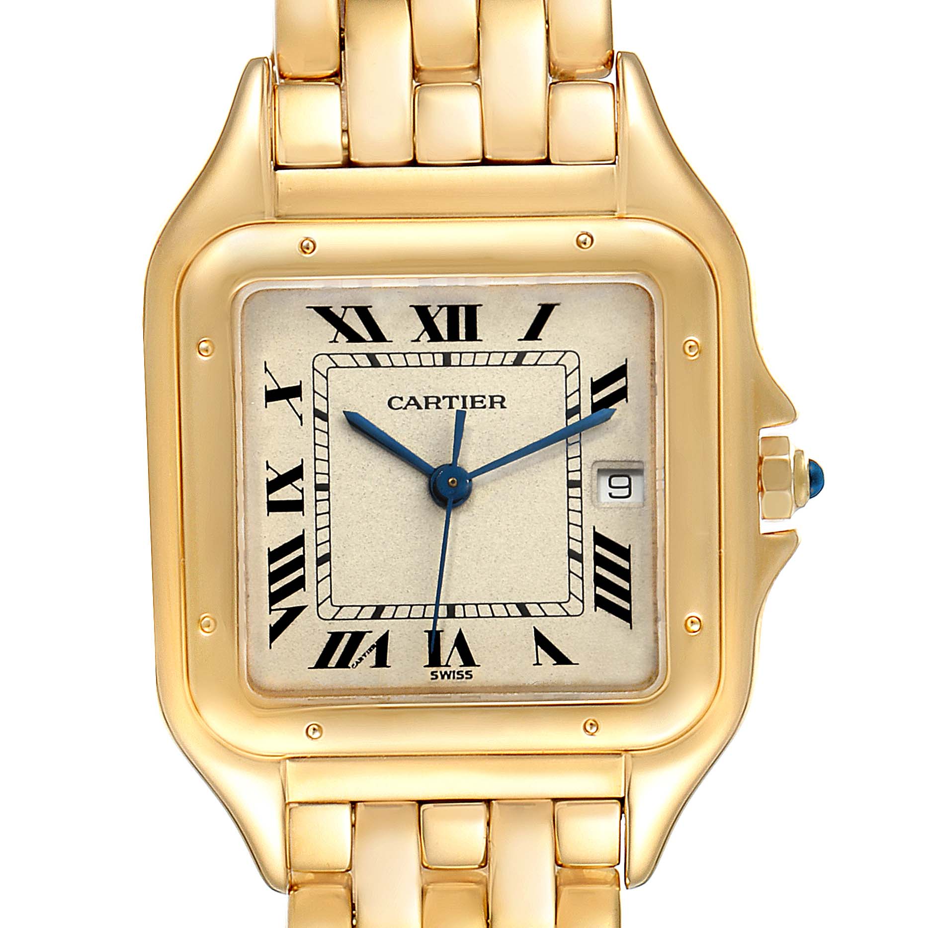 The image shows a close-up of the Cartier Panthere W25014B9 Men's Yellow Gold Silver Dial W25014B9 Men's Yellow Gold Silver Dial watch face, case, and part of the gold bracelet.