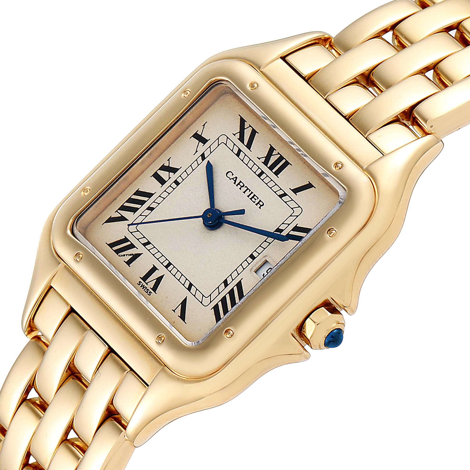 The image shows a close-up, angled view of the Cartier Panthere W25014B9 Men's Yellow Gold Silver Dial W25014B9 Men's Yellow Gold Silver Dial watch, highlighting the gold case, face, and bracelet.