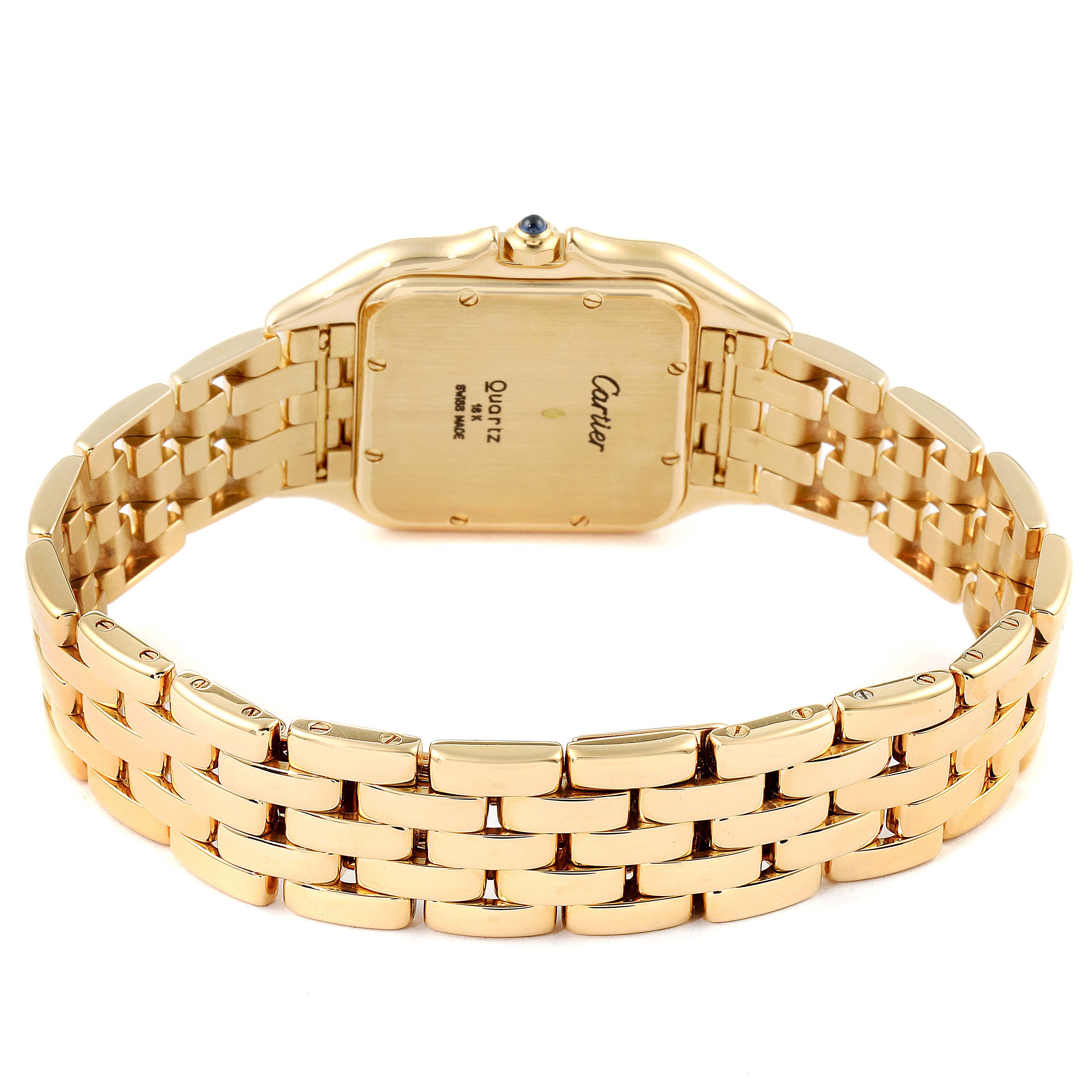 This image shows a rear view of the Cartier Panthère watch, highlighting the back case and gold bracelet.