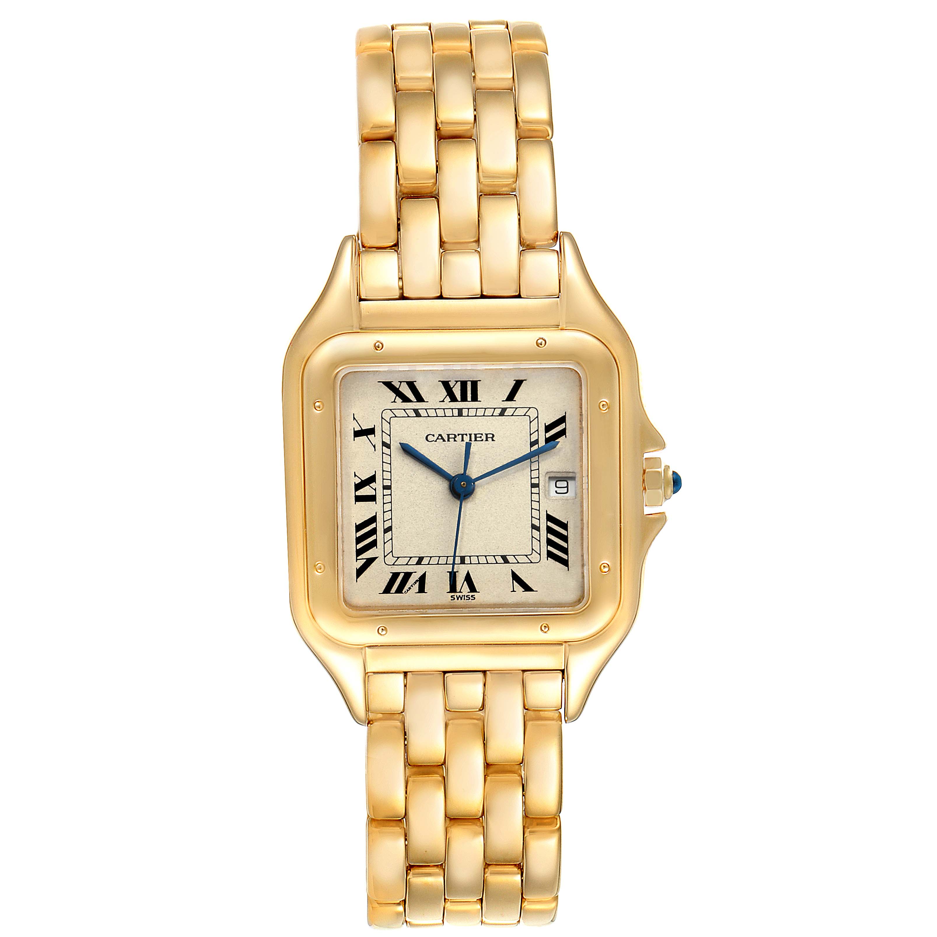 This image shows a front view of a Panthère de Cartier watch, highlighting its gold bracelet, Roman numeral dial, and date window.