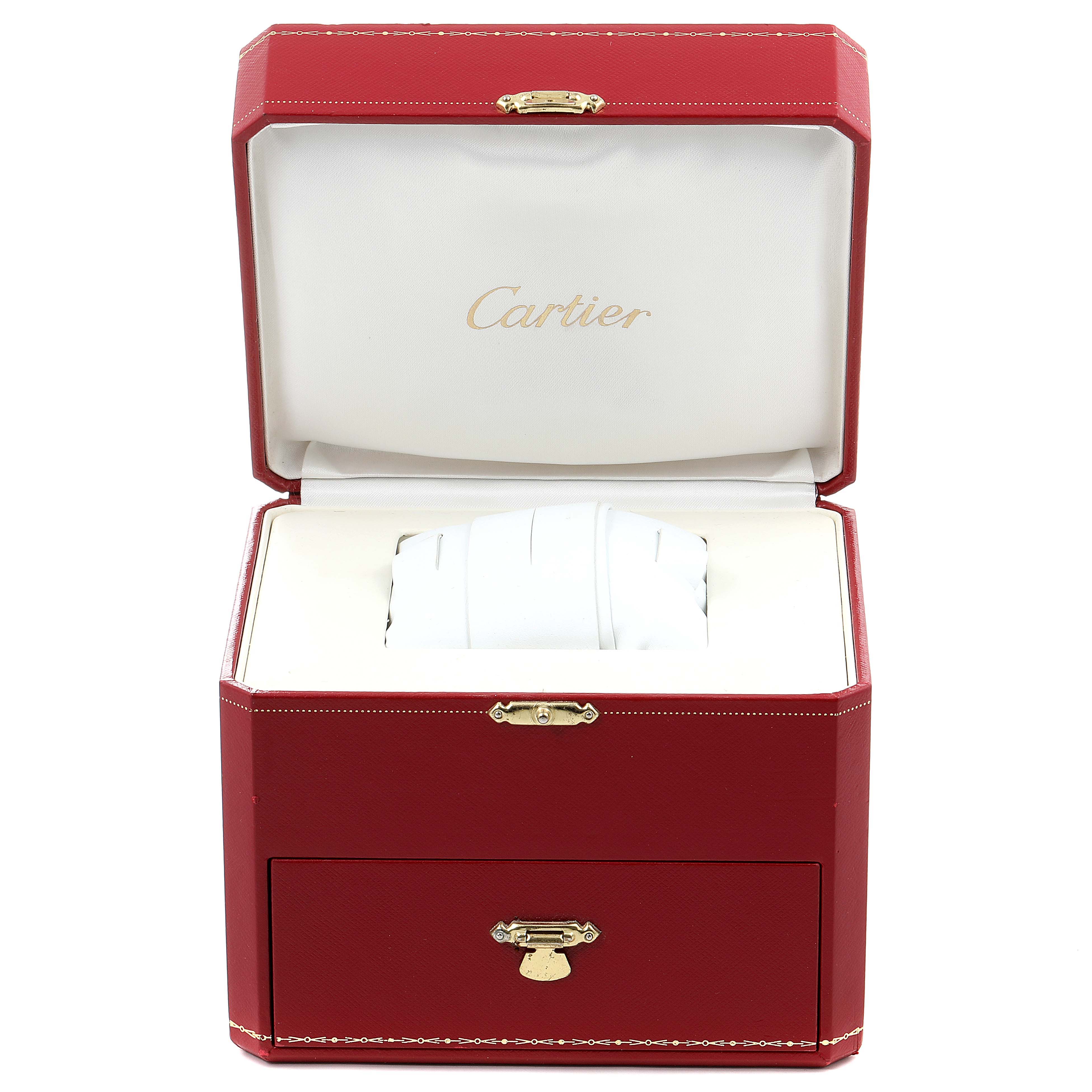 This image shows the Panthère de Cartier watch in its open, red Cartier box, positioned from a front angle.