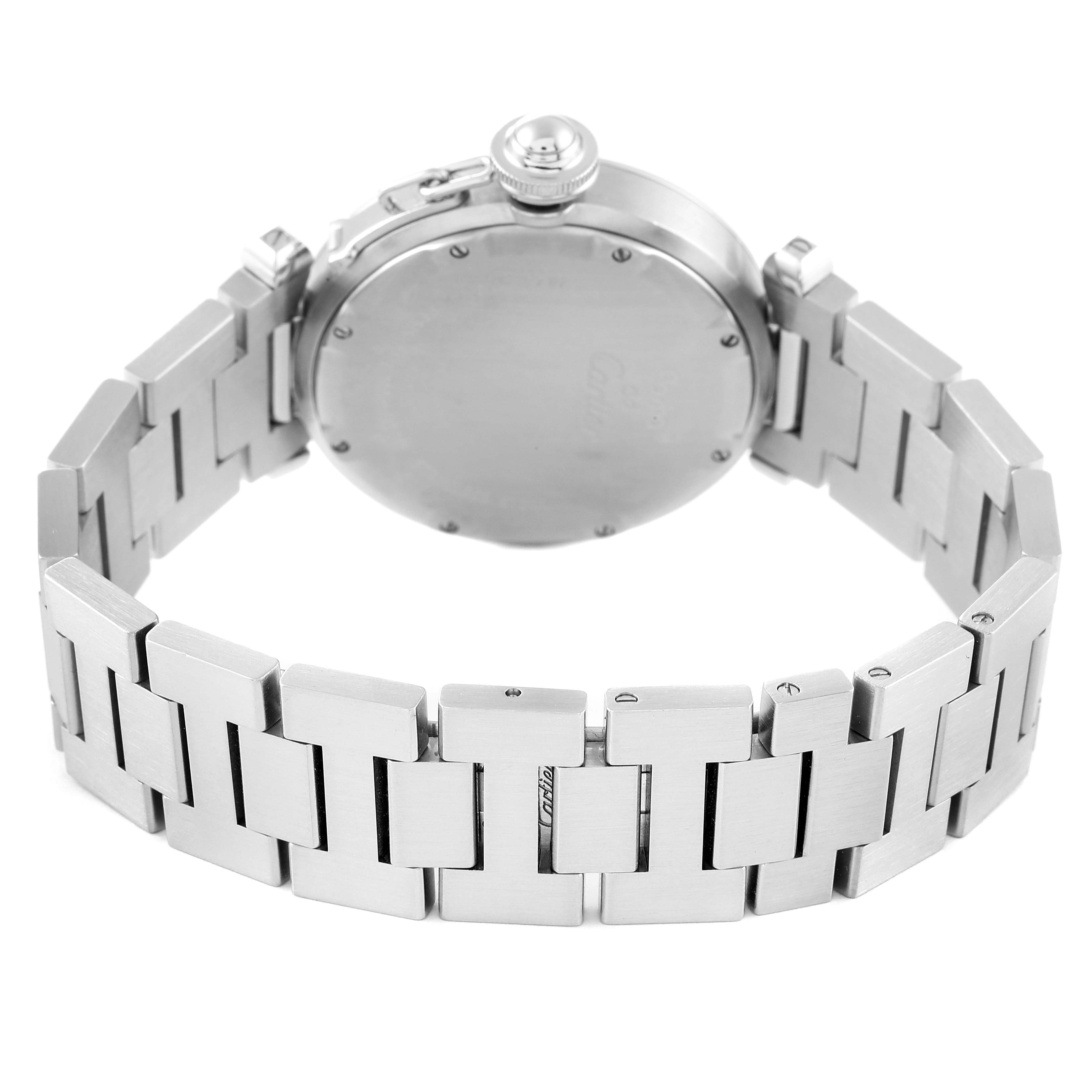 This image shows the back view of a Cartier Pasha W31055M7 Women's Stainless Steel White Dial W31055M7 Women's Stainless Steel White Dial watch focusing on the case and metal bracelet.