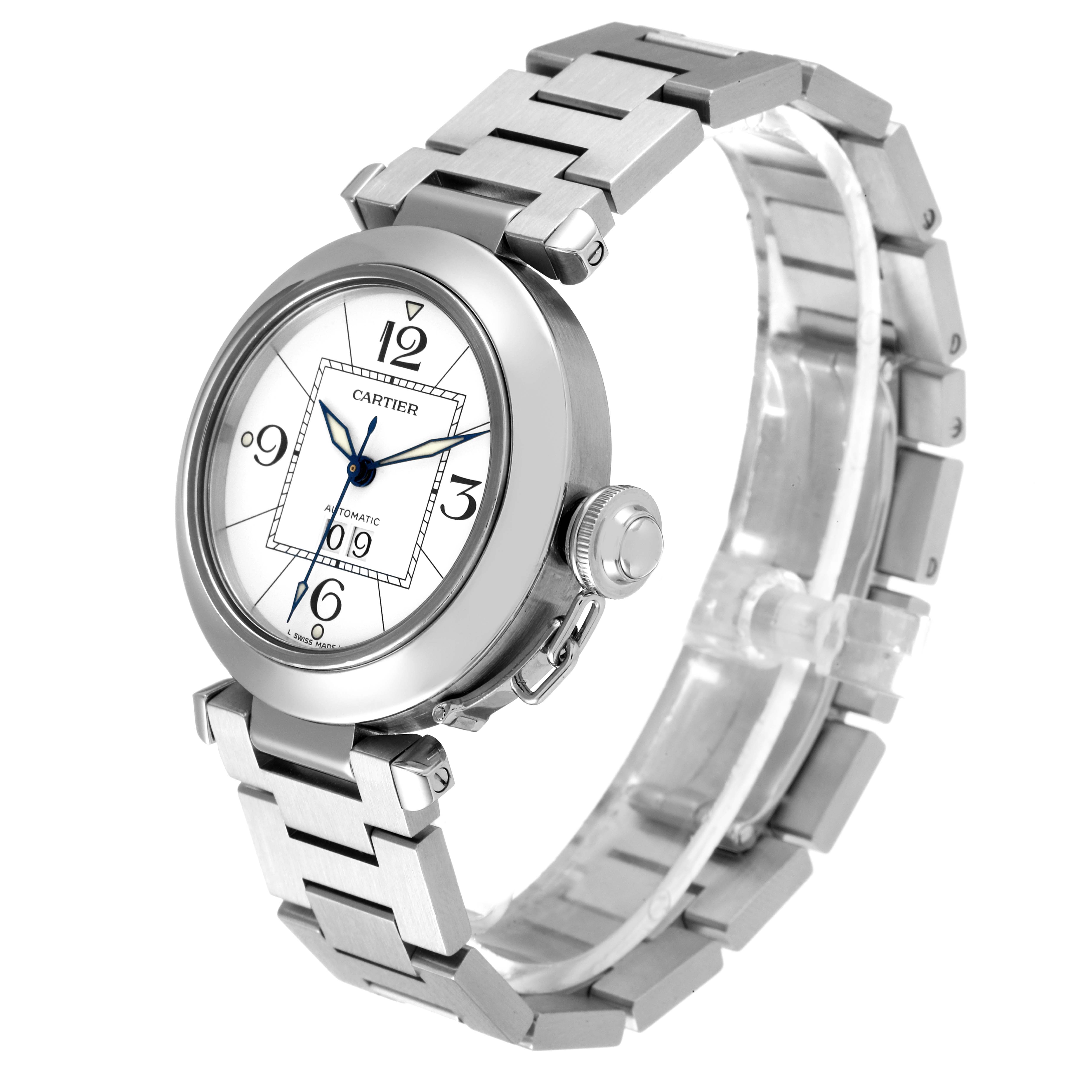 The image shows the front and side view of a Cartier Pasha W31055M7 Women's Stainless Steel White Dial W31055M7 Women's Stainless Steel White Dial watch with its metal bracelet and crown.