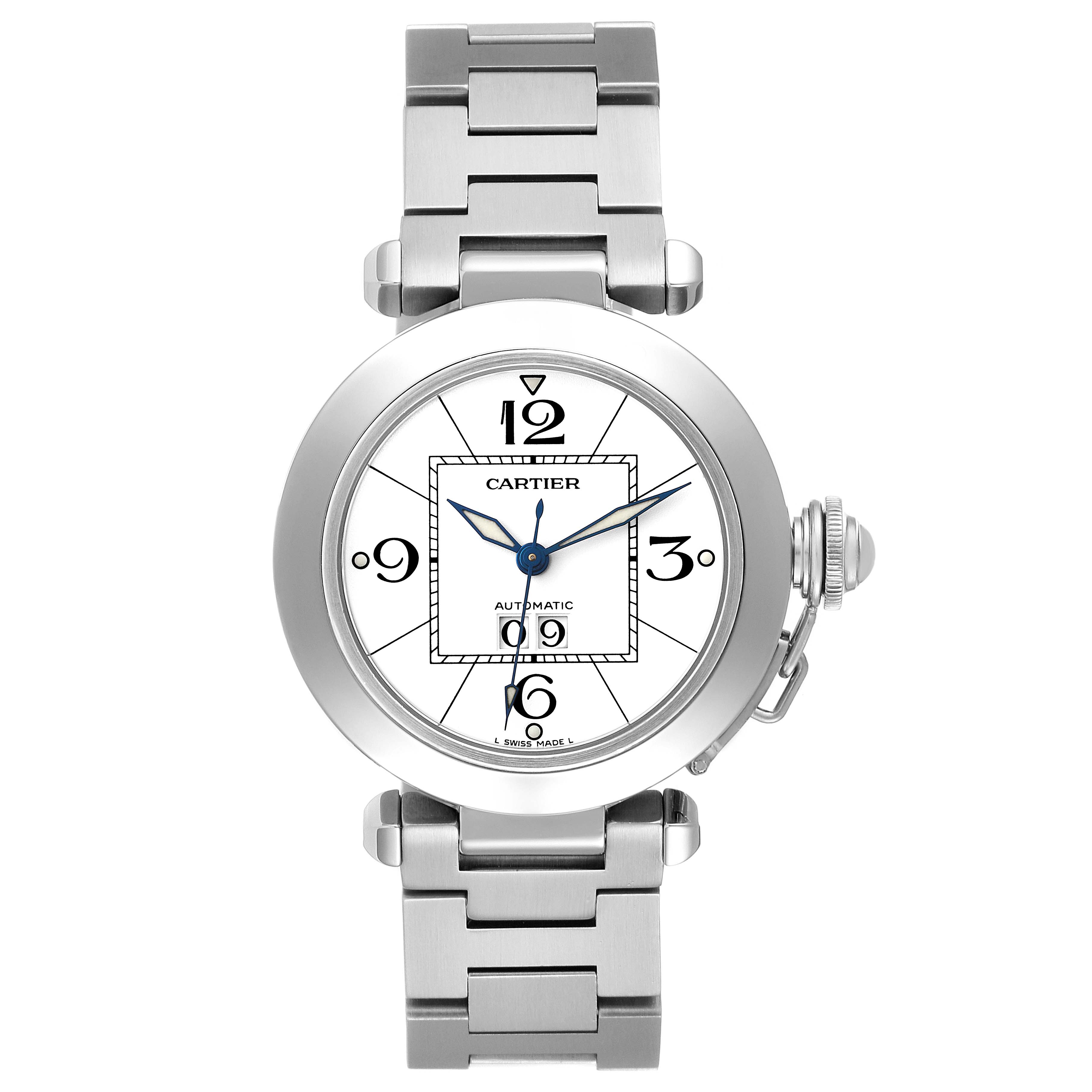 The image shows a front angle view of the Cartier Pasha W31055M7 Women's Stainless Steel White Dial W31055M7 Women's Stainless Steel White Dial watch, highlighting its dial, bracelet, and crown.