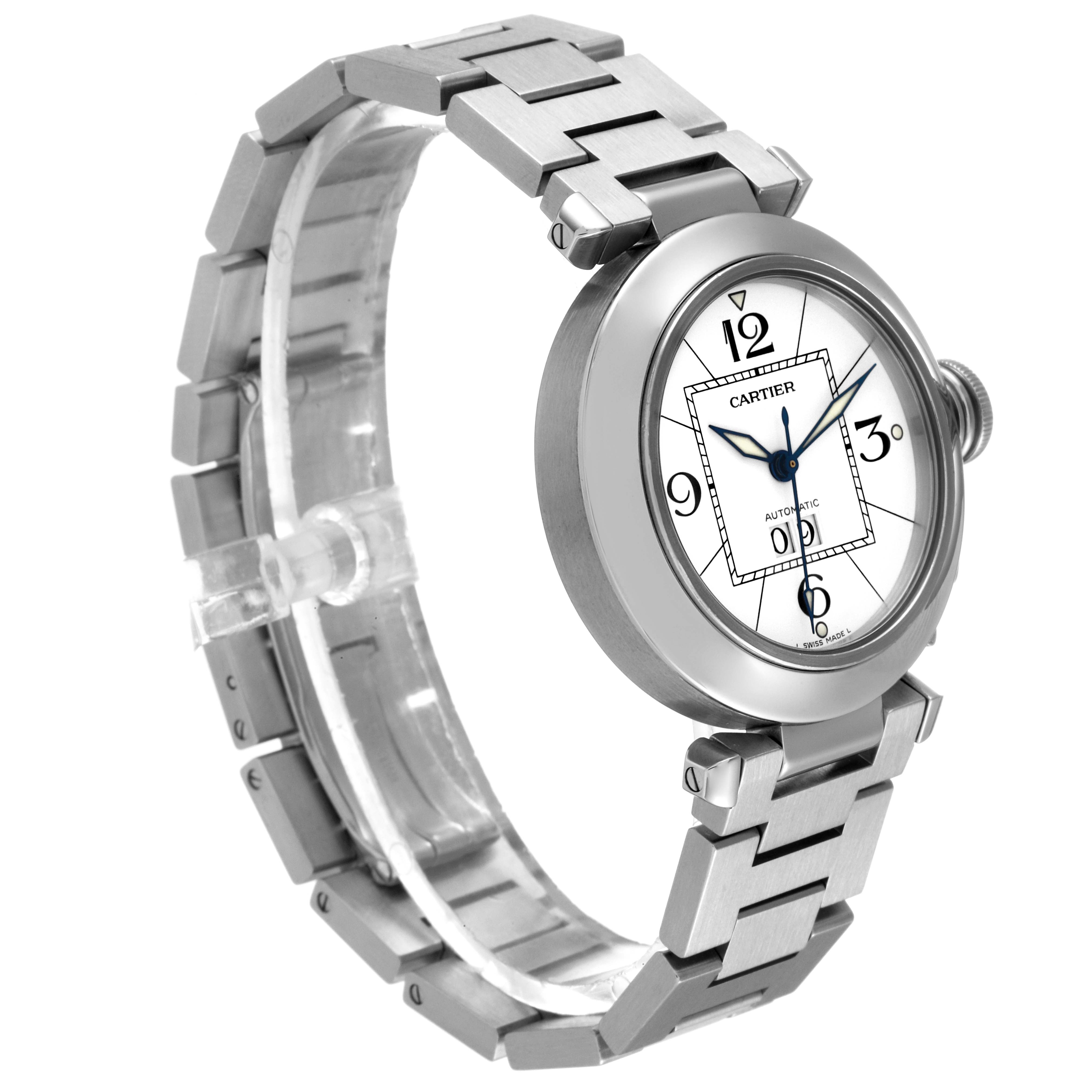The image shows a side angle view of a Cartier Pasha W31055M7 Women's Stainless Steel White Dial W31055M7 Women's Stainless Steel White Dial model watch, highlighting its stainless steel bracelet and round dial.