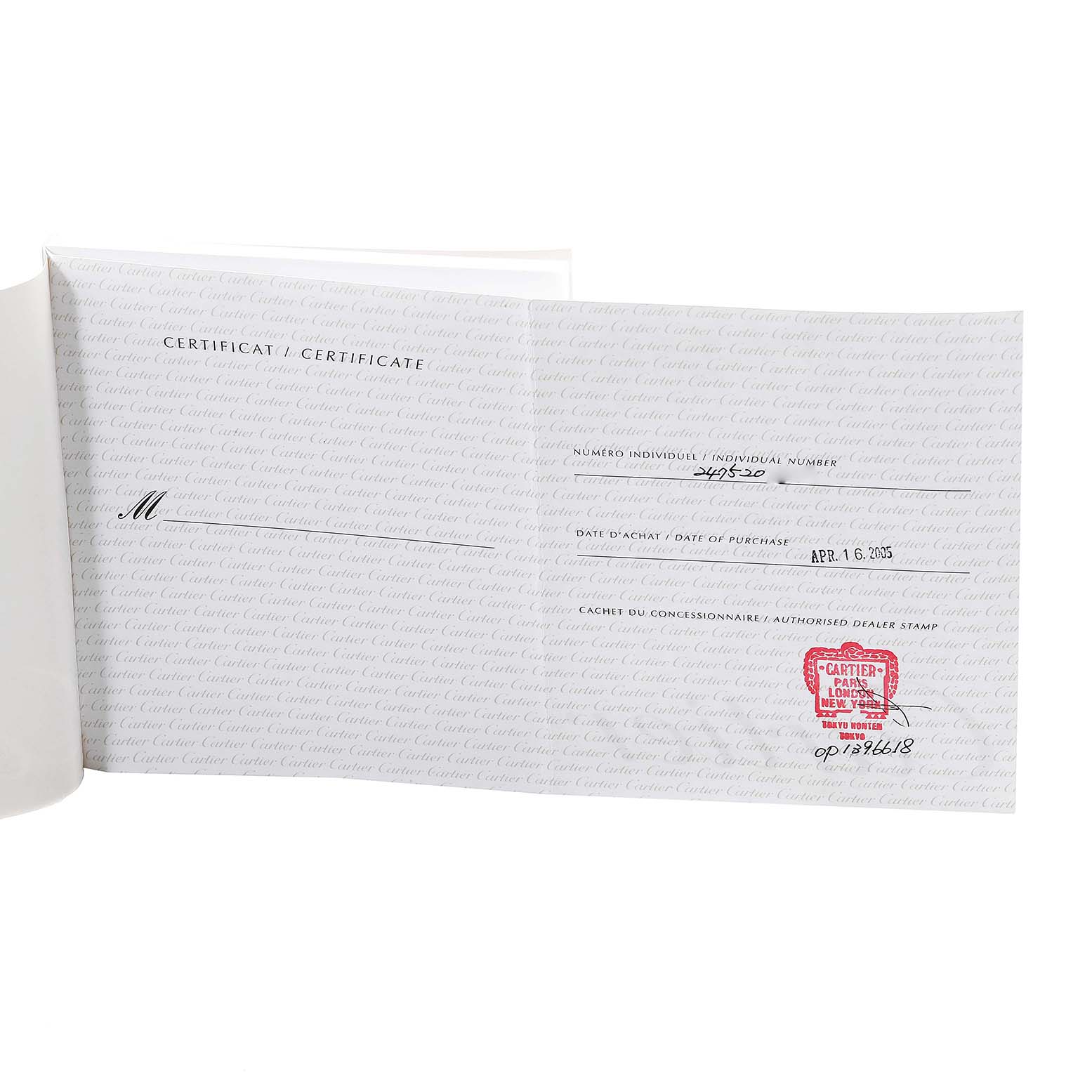 The image shows an open certificate of authenticity for a Cartier Pasha W31055M7 Women's Stainless Steel White Dial W31055M7 Women's Stainless Steel White Dial model watch, displaying purchase information and an authorized dealer stamp.