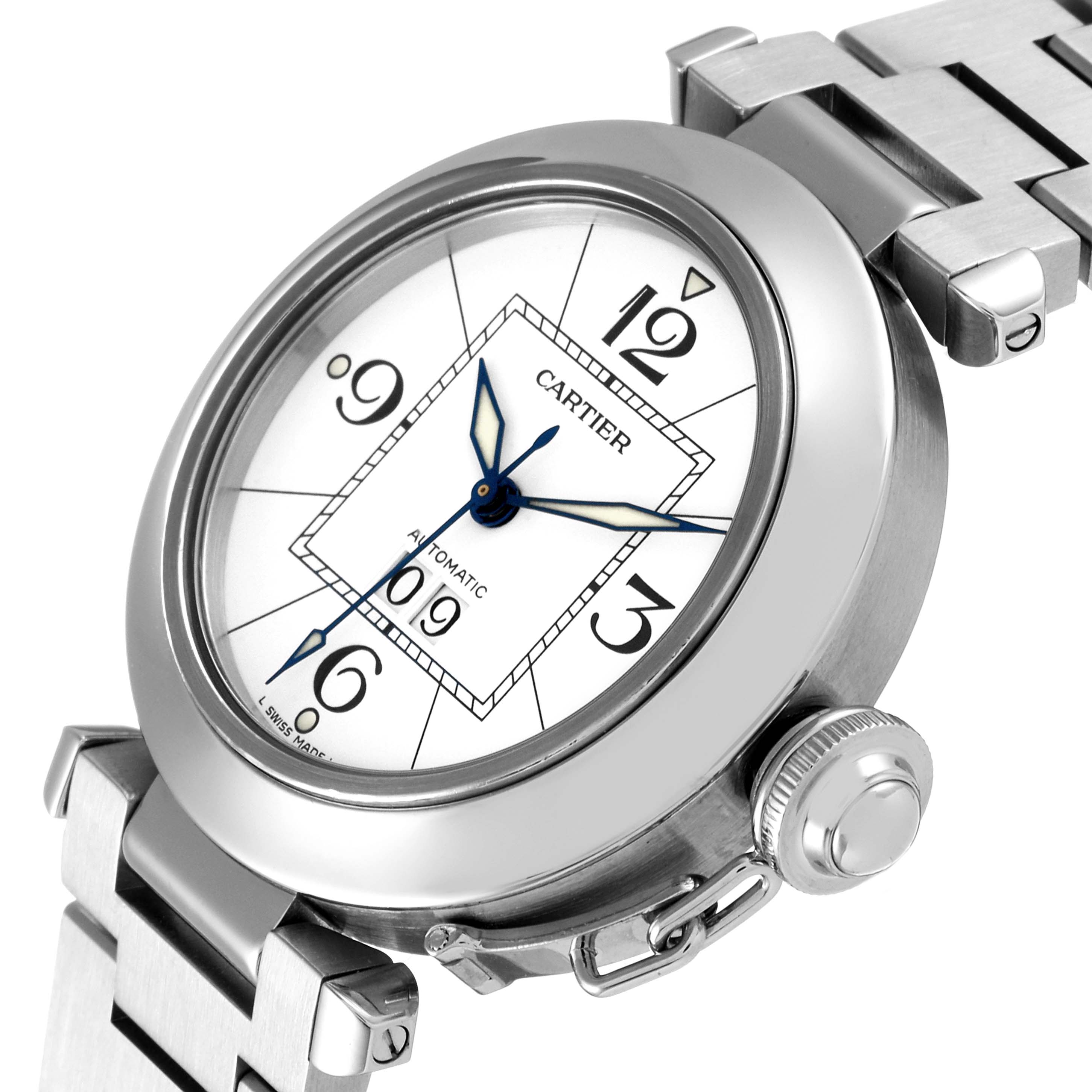 The image shows a close-up side angle of the Cartier Pasha W31055M7 Women's Stainless Steel White Dial W31055M7 Women's Stainless Steel White Dial watch, highlighting its dial, bracelet, and crown.