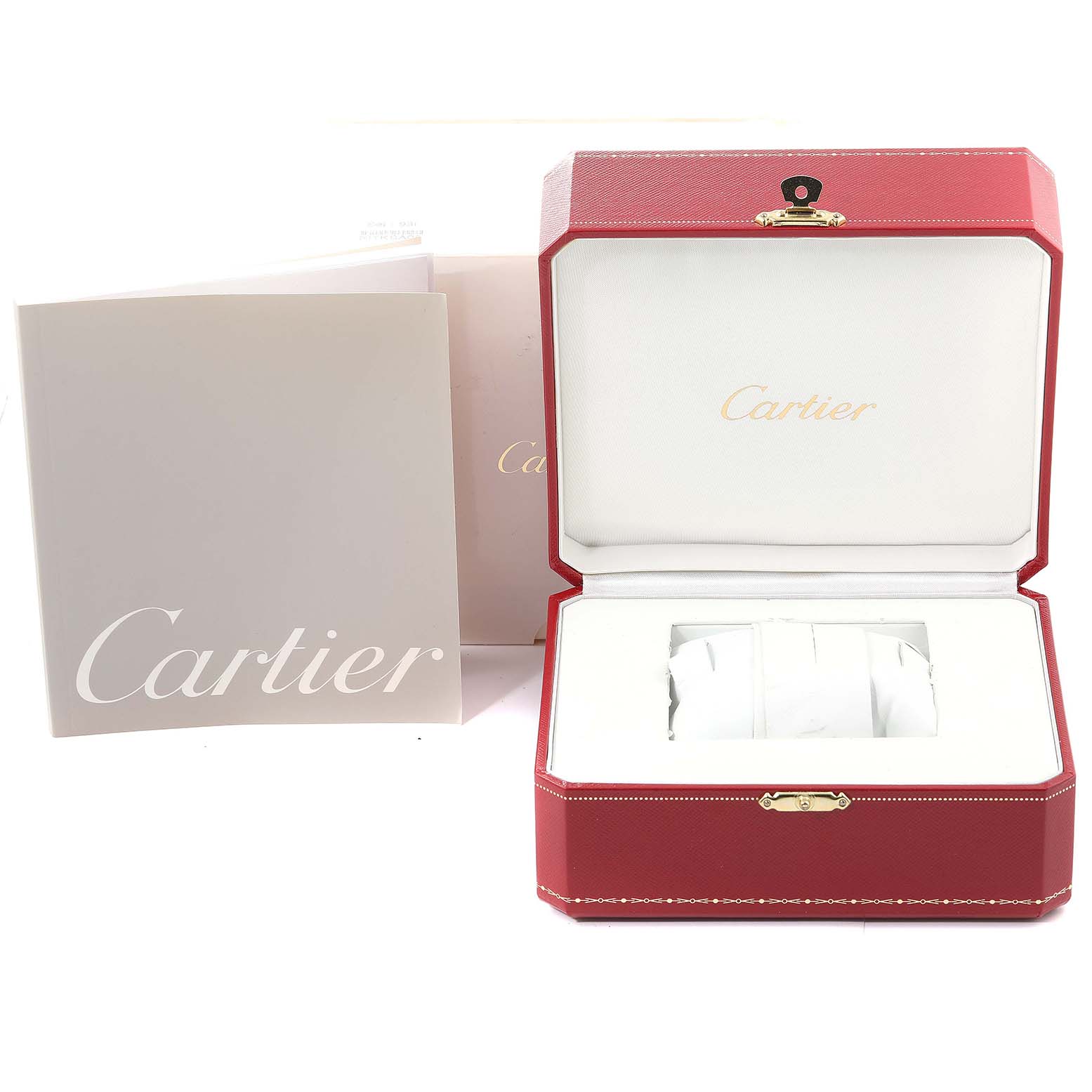 The image shows an open Cartier Pasha W31055M7 Women's Stainless Steel White Dial W31055M7 Women's Stainless Steel White Dial watch box and accompanying documentation at a slight front angle.