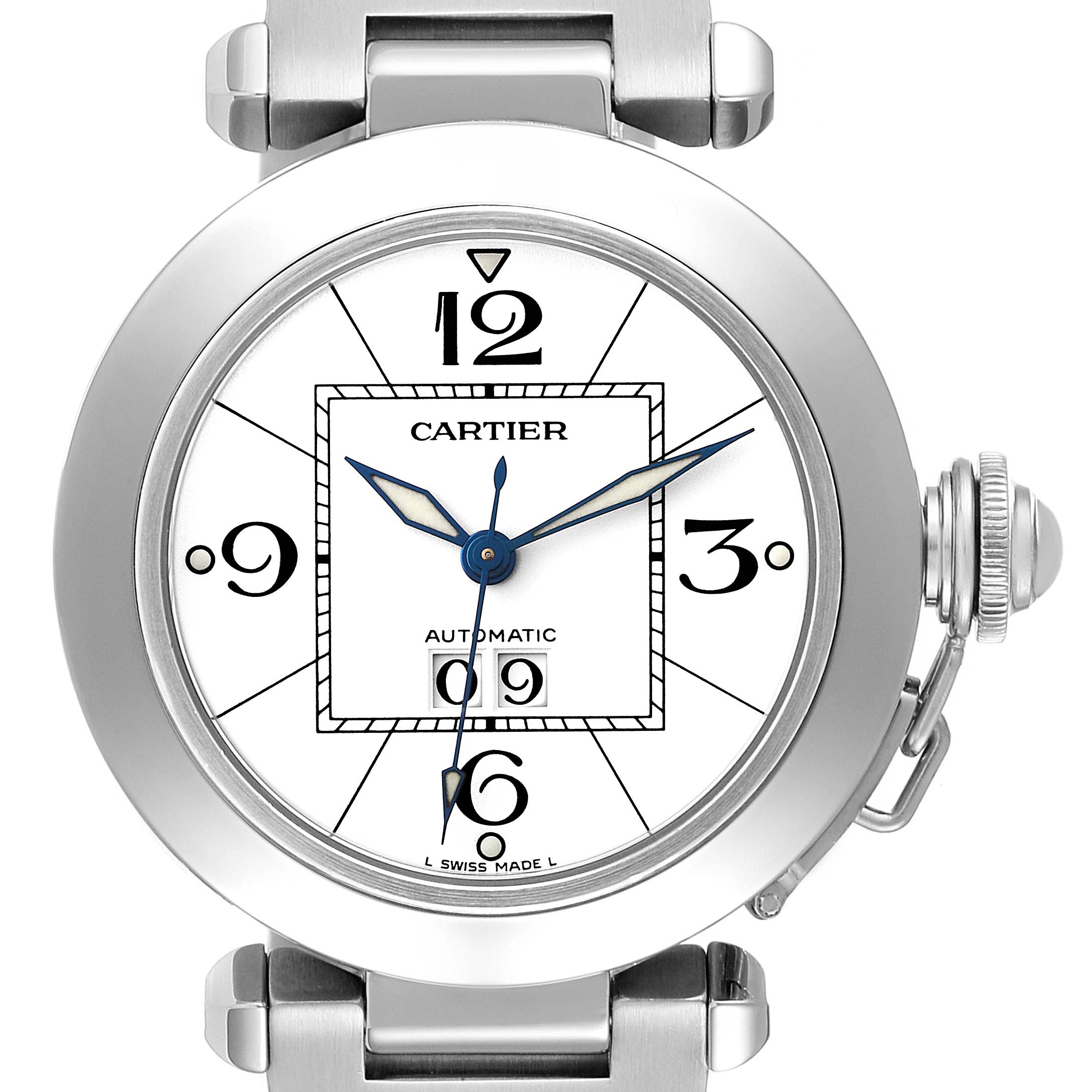 The image displays a head-on view of the Cartier Pasha W31055M7 Women's Stainless Steel White Dial W31055M7 Women's Stainless Steel White Dial watch, highlighting its face, bezel, and crown.