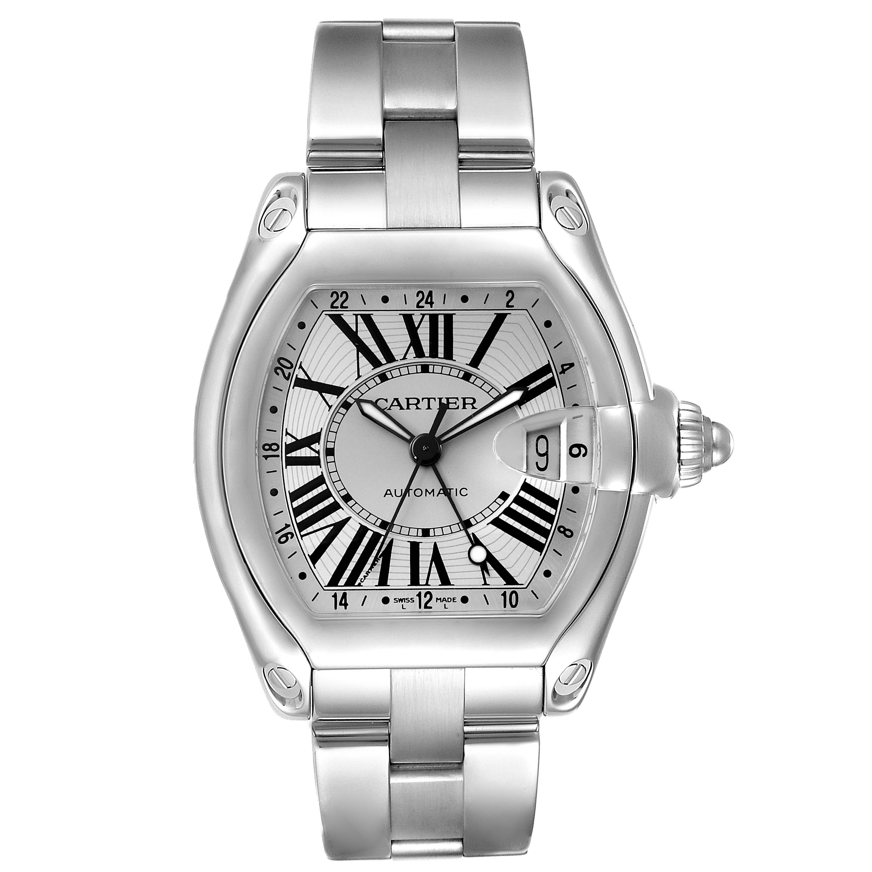 The image shows a front view of a Cartier Roadster W62032X6 Men's Stainless Steel Silver Dial W62032X6 Men's Stainless Steel Silver Dial watch, highlighting the face, dial, and metal bracelet.