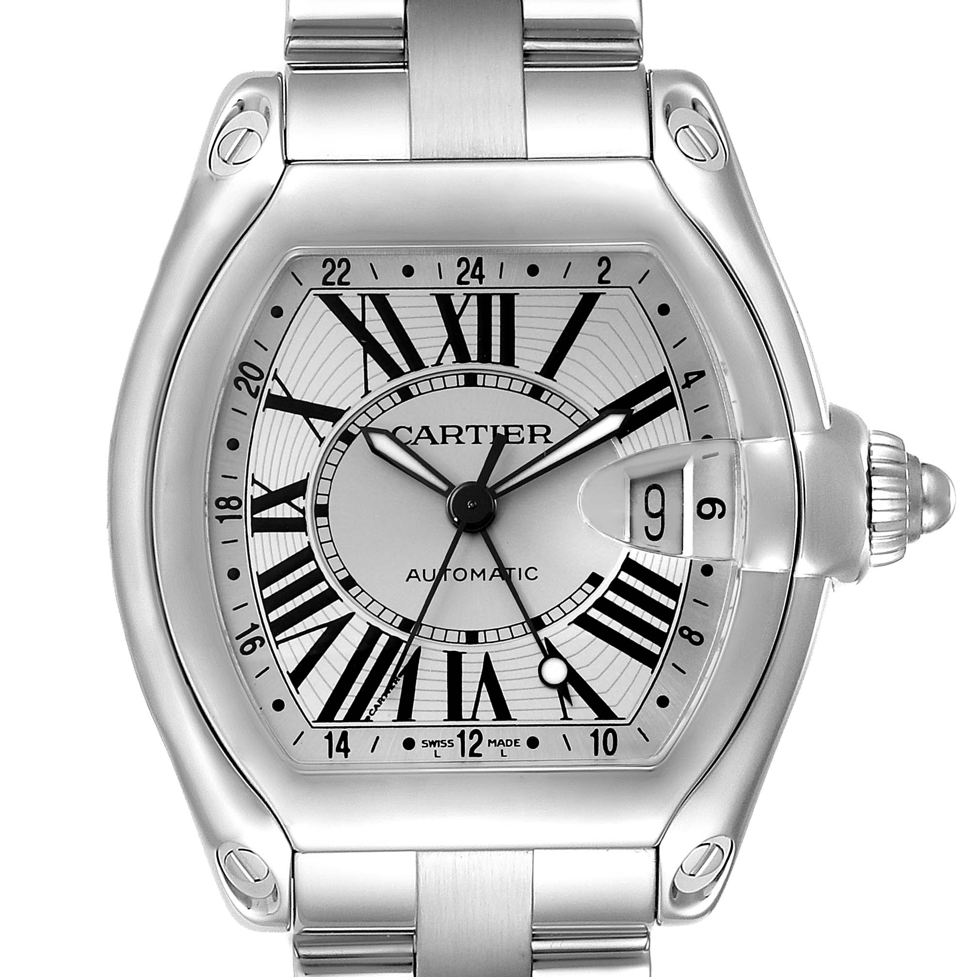The image shows a front view of the Cartier Roadster W62032X6 Men's Stainless Steel Silver Dial W62032X6 Men's Stainless Steel Silver Dial watch, highlighting the dial, hands, and part of the bracelet.