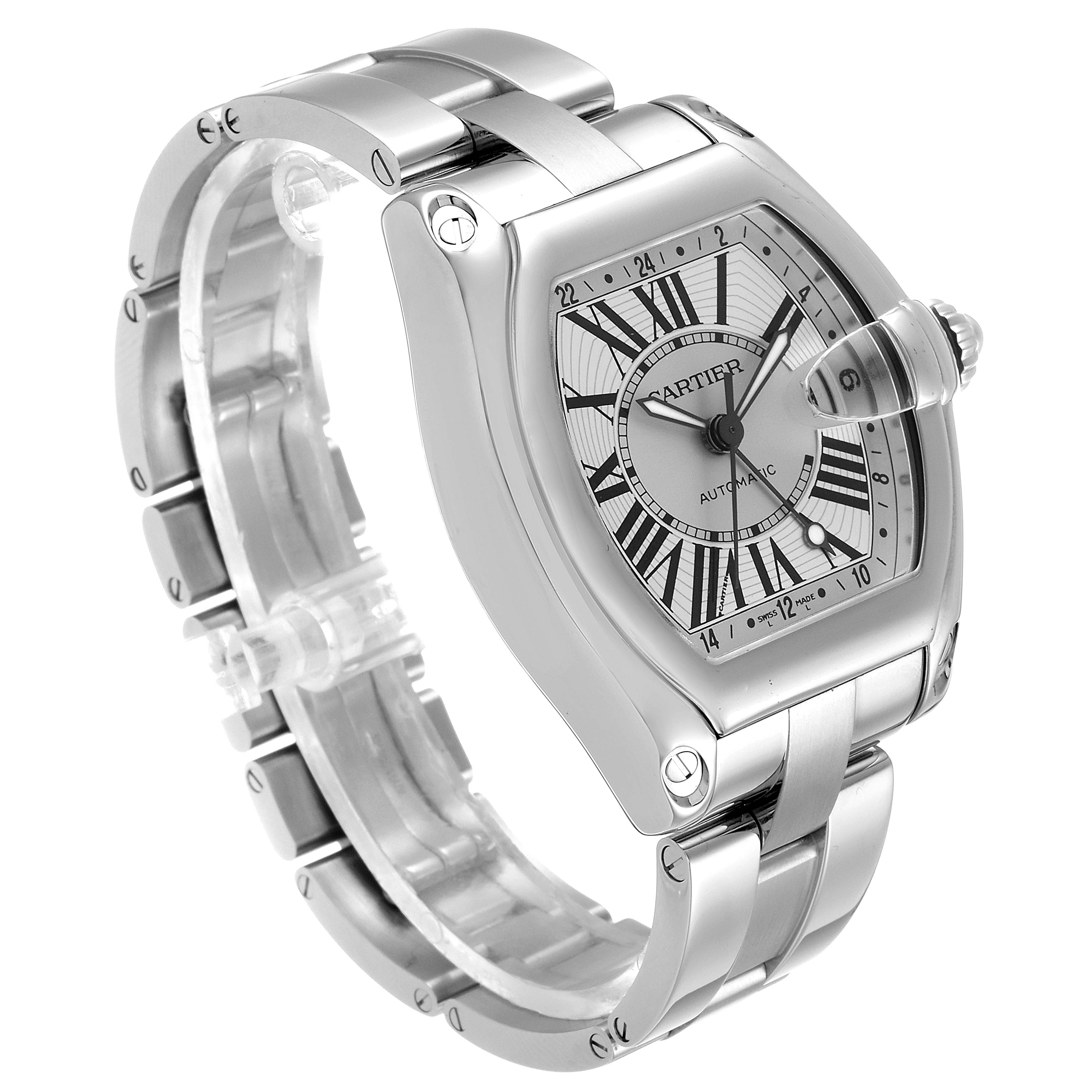 The image shows a three-quarter view of a Cartier Roadster W62032X6 Men's Stainless Steel Silver Dial W62032X6 Men's Stainless Steel Silver Dial watch, highlighting the face, bracelet, and crown.