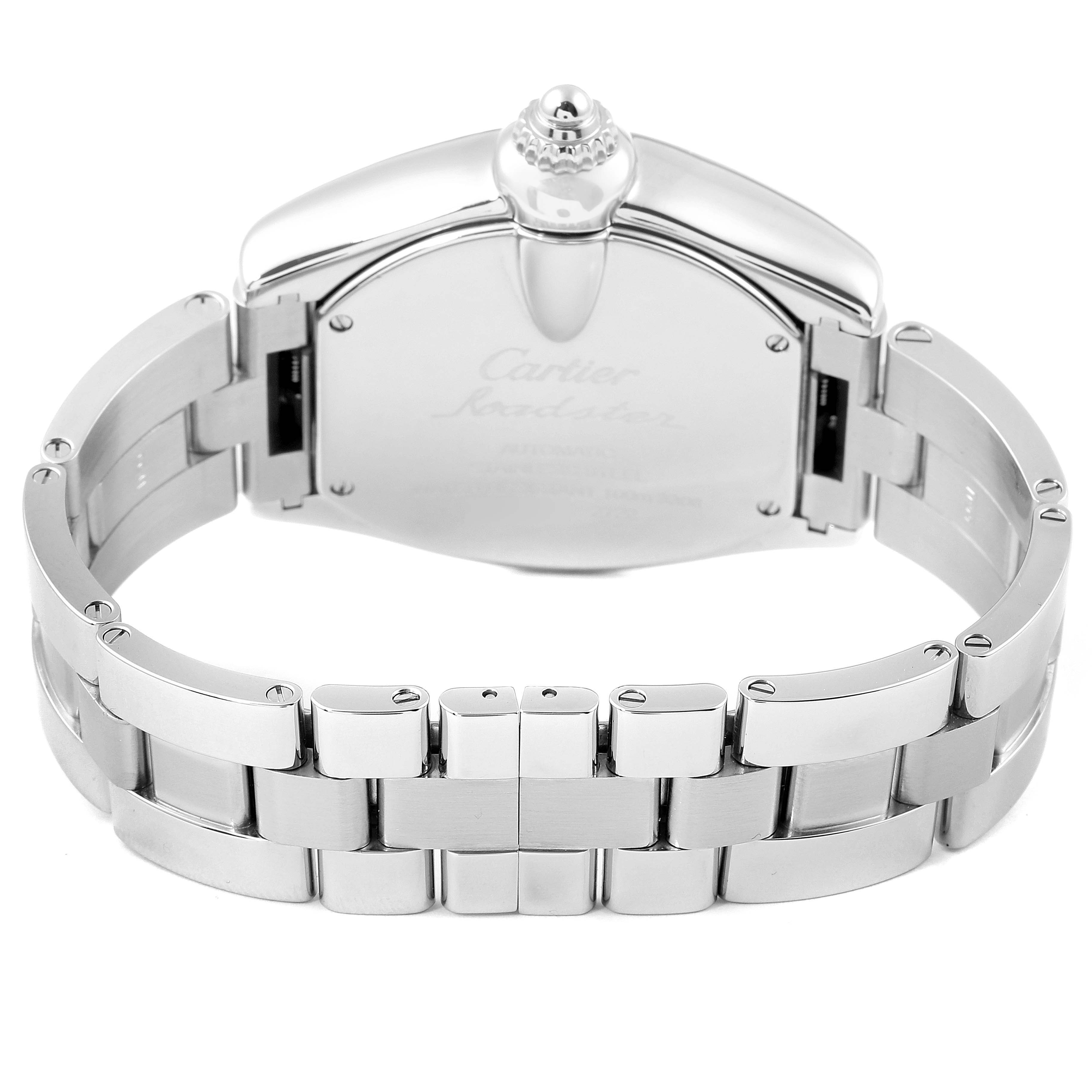 The image shows the back view of the Cartier Roadster W62032X6 Men's Stainless Steel Silver Dial W62032X6 Men's Stainless Steel Silver Dial watch, focusing on the case and metal bracelet.