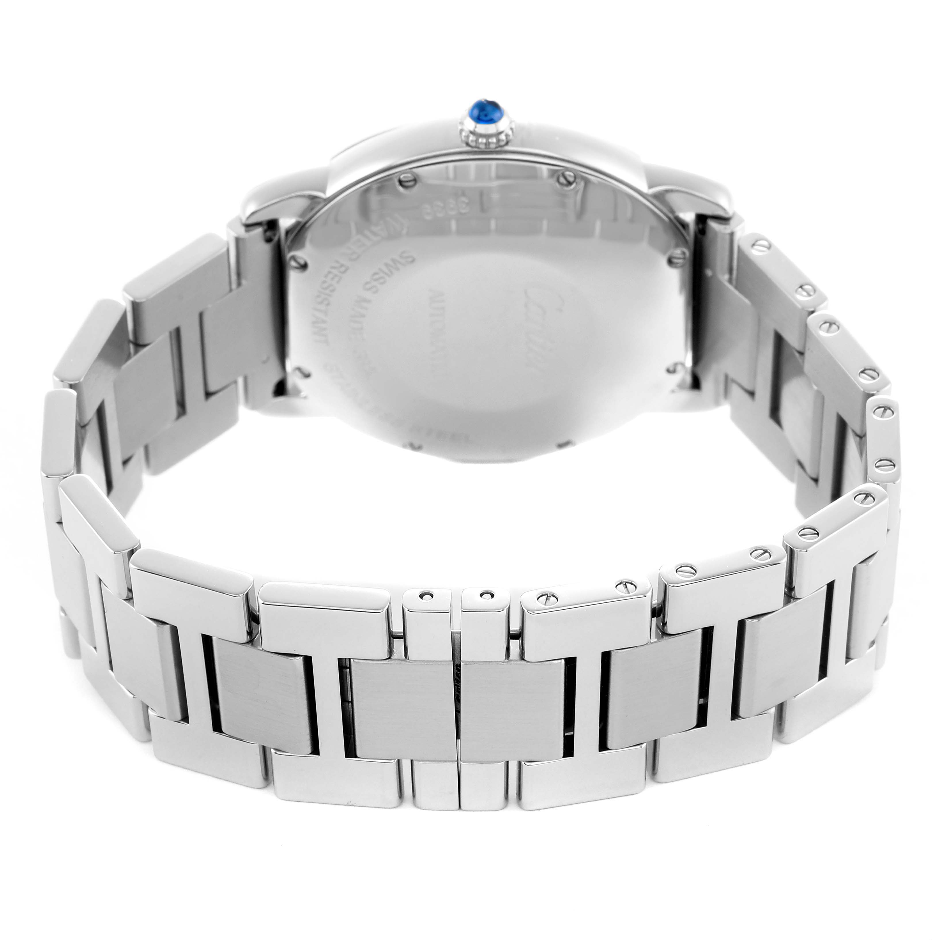 The image shows the back and bracelet of a Cartier Ronde WSRN0012 Men's Stainless Steel Silver Dial watch, featuring a metal band and a crown with a blue stone.
