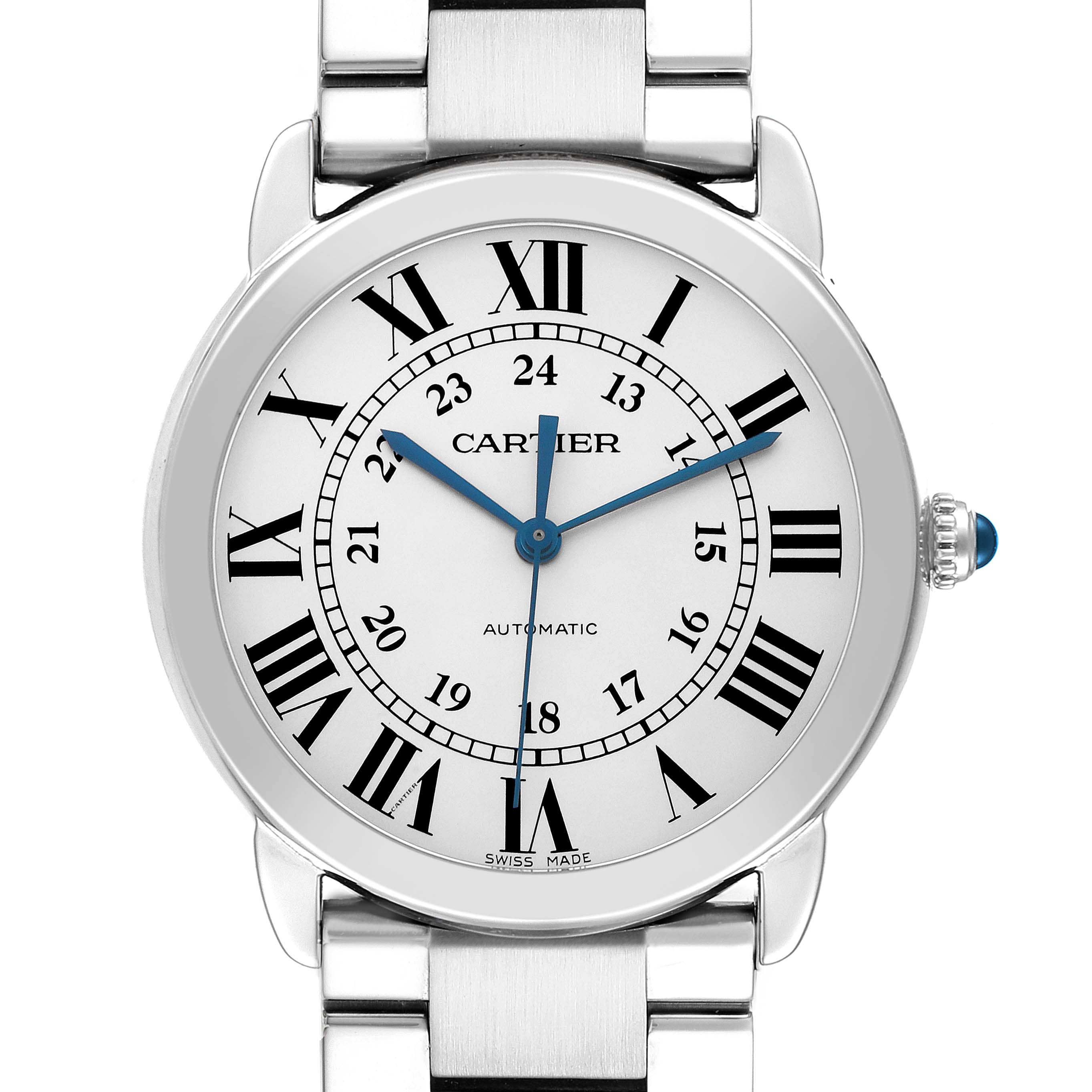 The Cartier Ronde WSRN0012 Men's Stainless Steel Silver Dial watch is shown from a top-down angle, highlighting its face, Roman numerals, hands, bezel, and part of the bracelet.