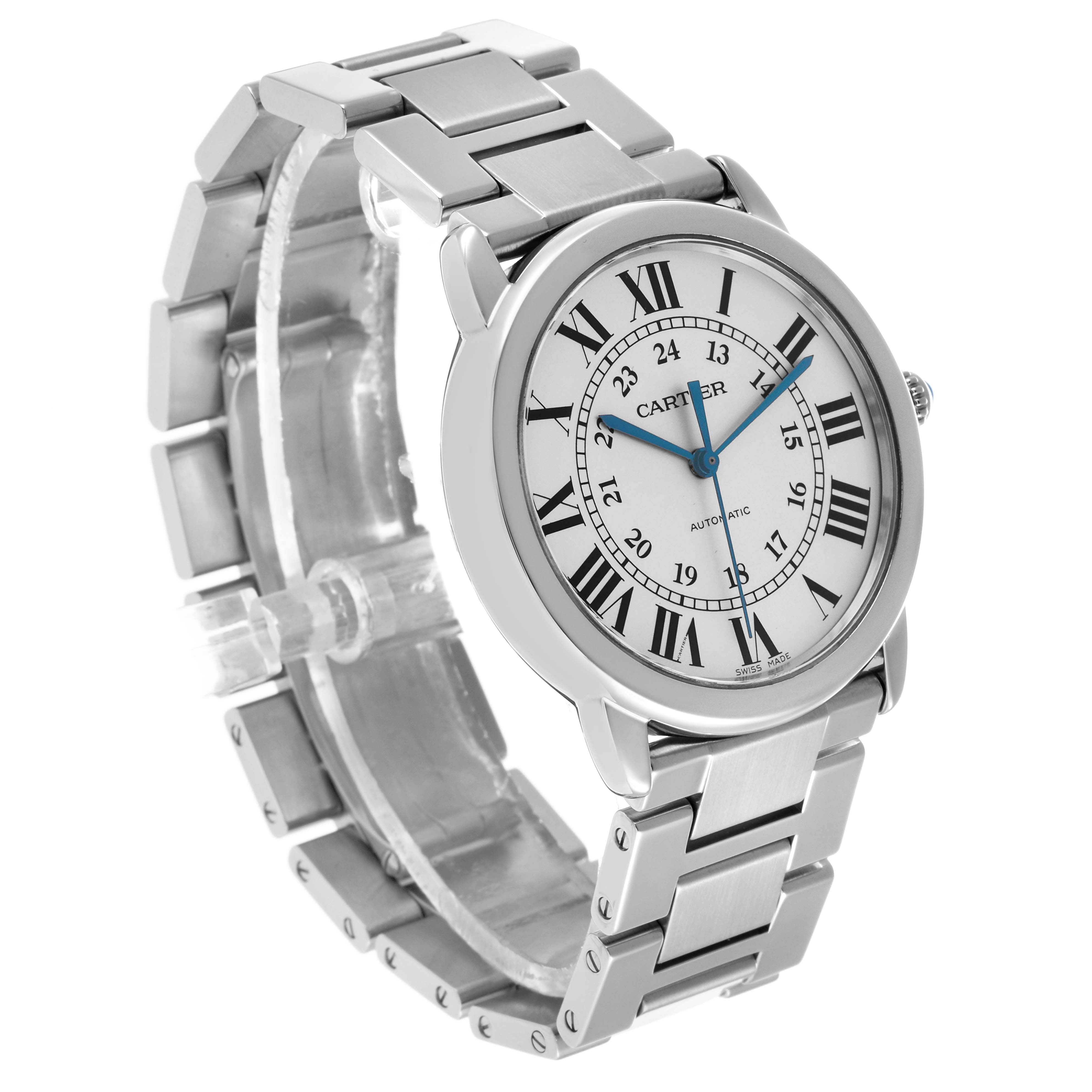 The Cartier Ronde WSRN0012 Men's Stainless Steel Silver Dial watch is shown at a three-quarter angle, highlighting the face, Roman numerals, and linked bracelet.