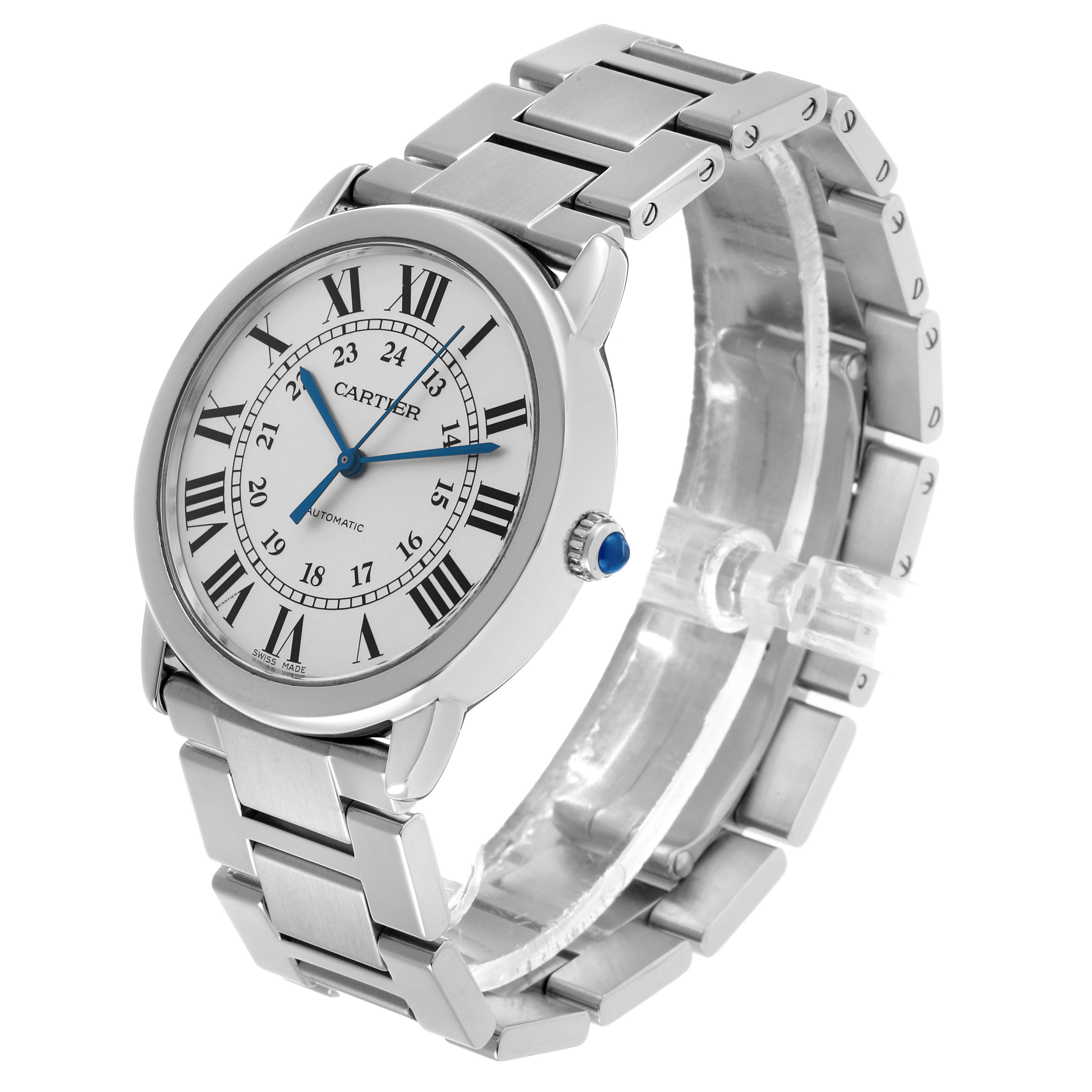The Cartier Ronde WSRN0012 Men's Stainless Steel Silver Dial watch is shown at a three-quarter angle, displaying the face, bezel, crown with a blue cabochon, and metal bracelet.