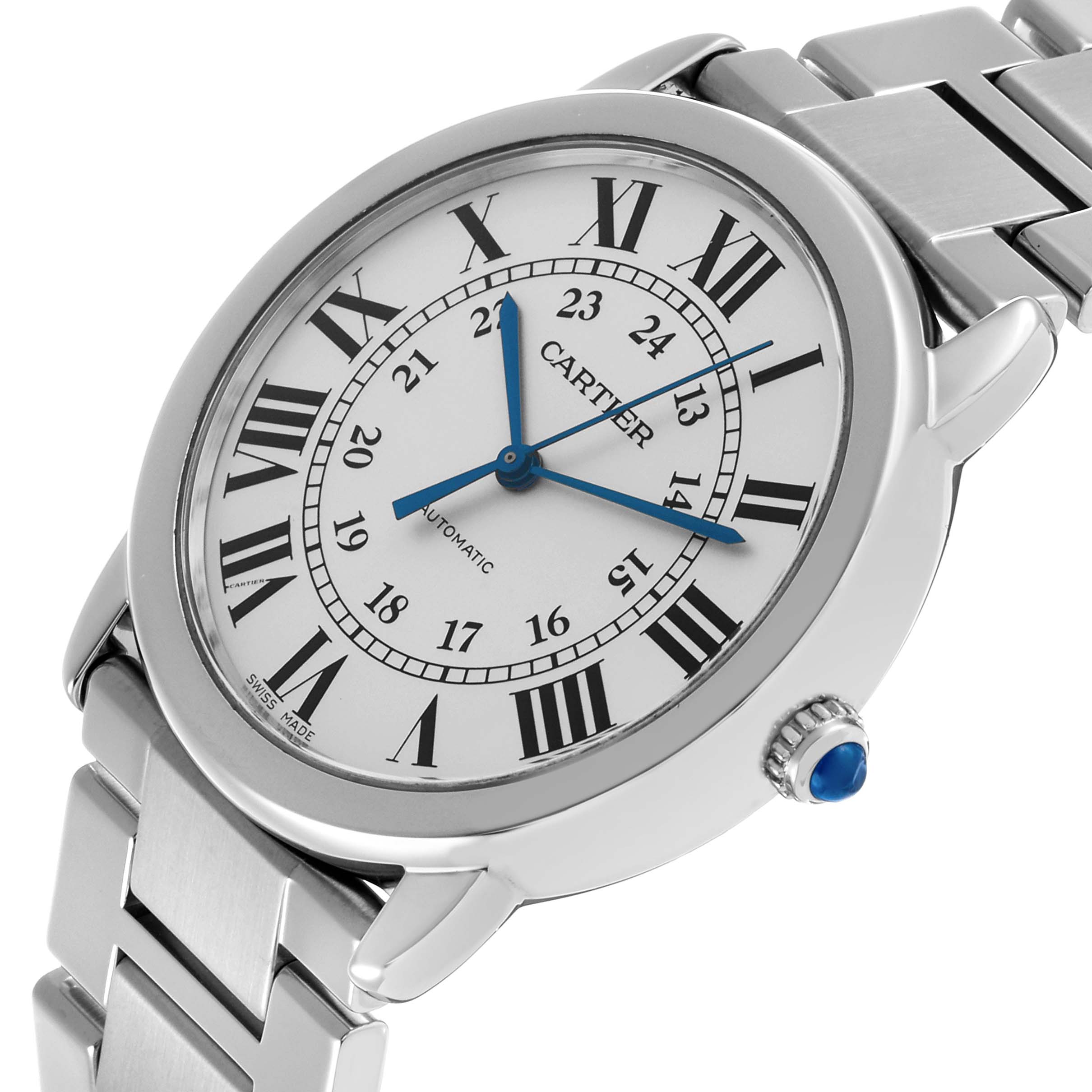 The Cartier Ronde WSRN0012 Men's Stainless Steel Silver Dial watch is shown at an angle displaying the face, crown, and part of the metal bracelet.
