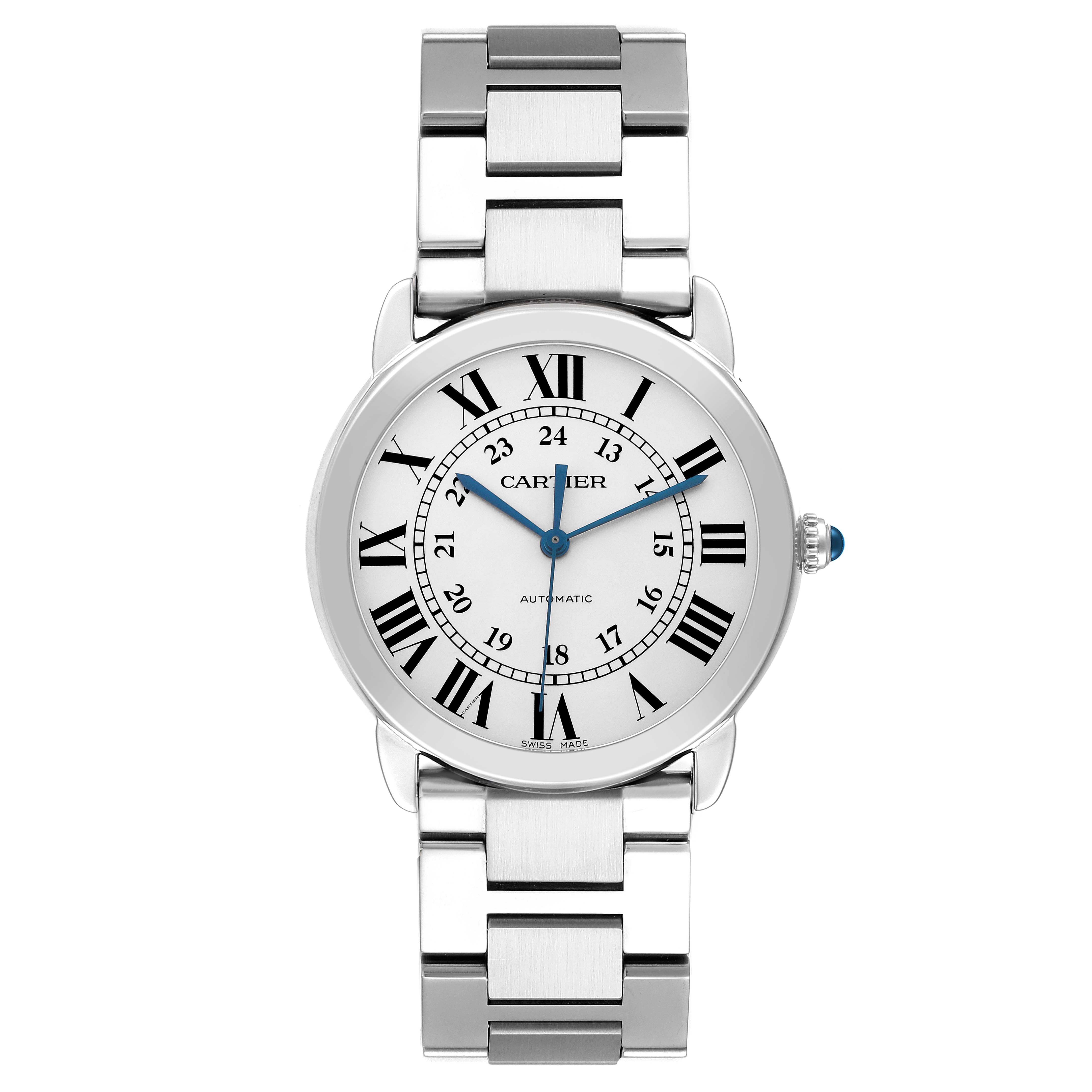 The Cartier Ronde WSRN0012 Men's Stainless Steel Silver Dial watch is shown from a front angle, displaying its face, bezel, bracelet, and crown.