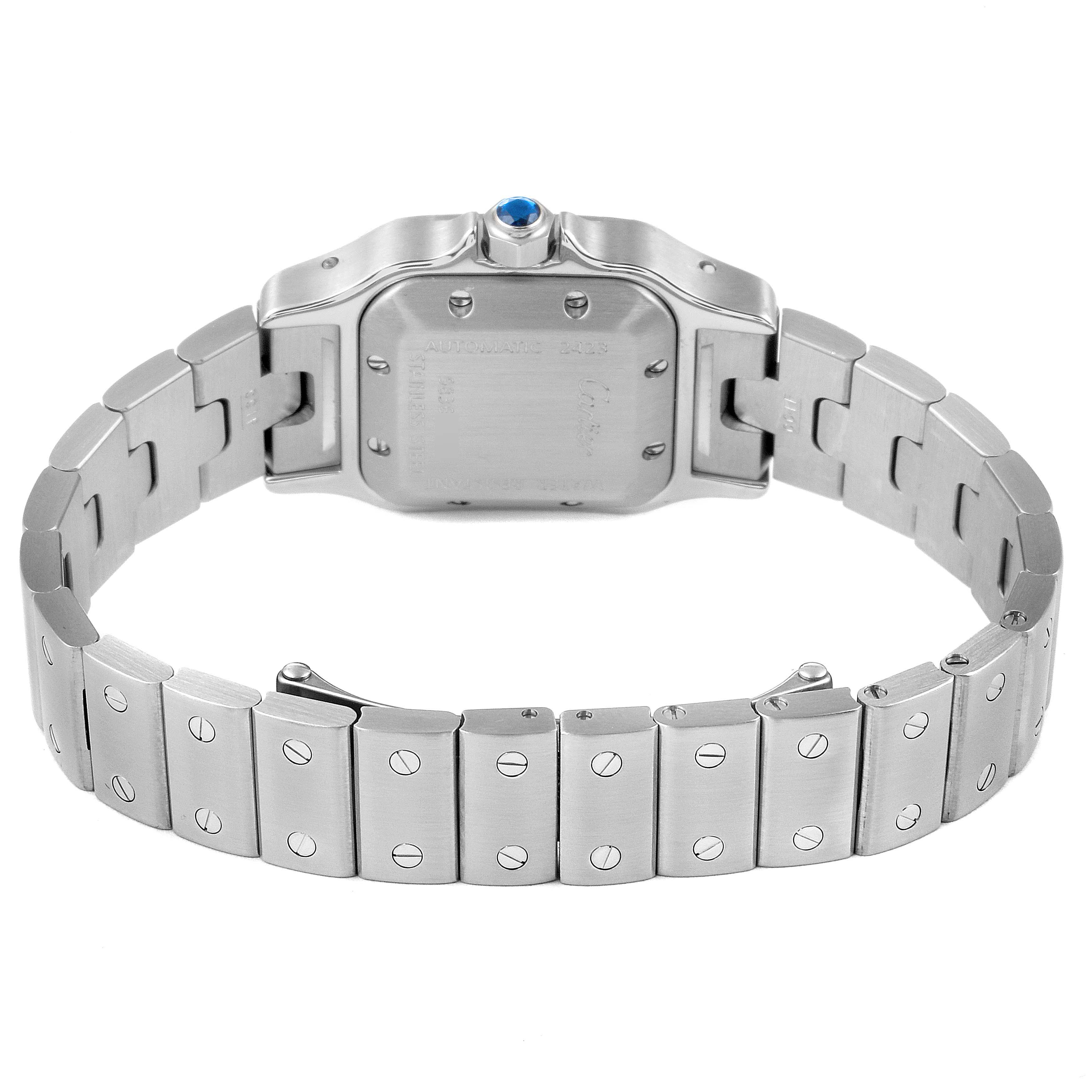 The image shows the back view of a Cartier Santos W20044D6 Women's Stainless Steel Silver Dial W20044D6 Women's Stainless Steel Silver Dial watch, highlighting its stainless steel case and bracelet.