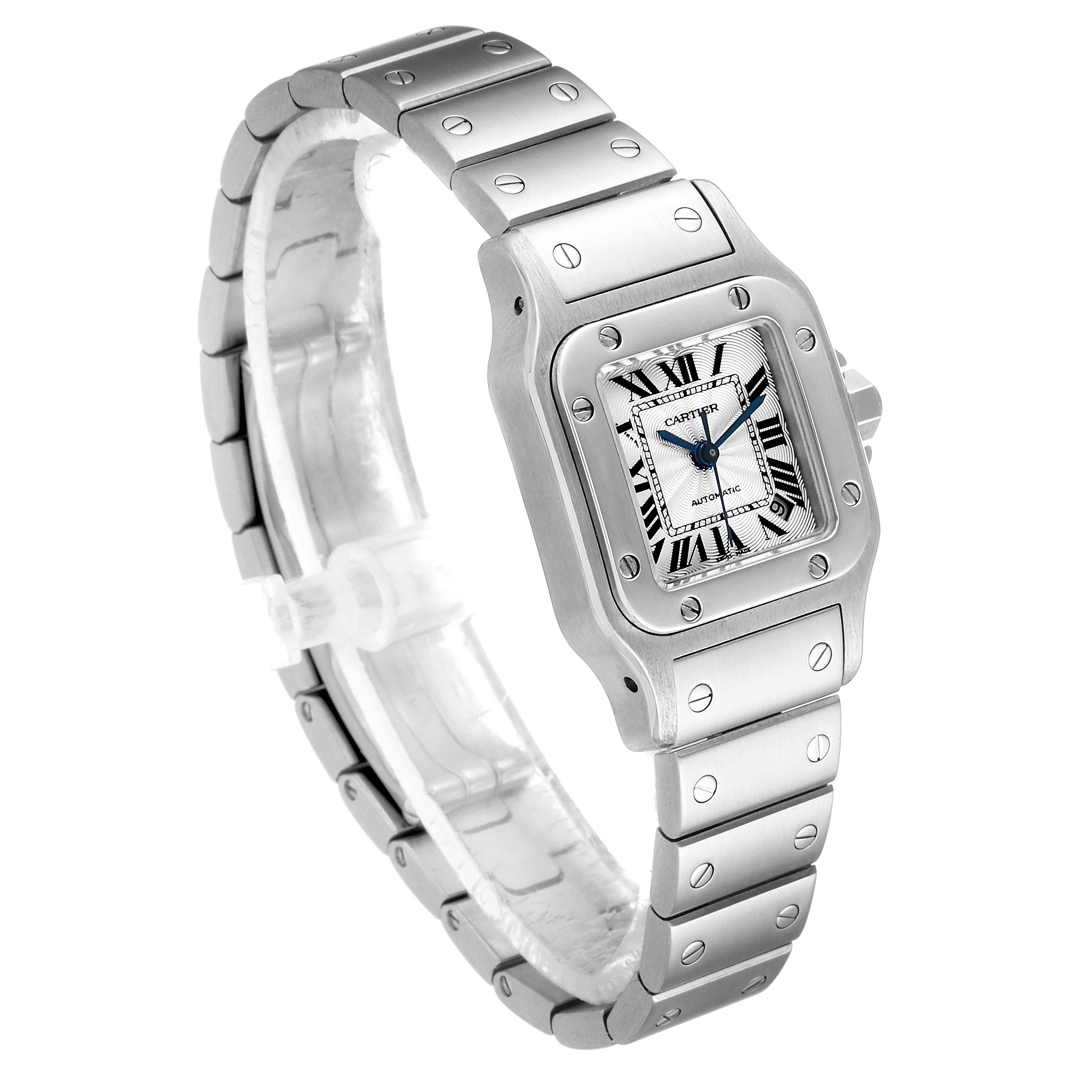 This image shows a Santos model watch by Cartier angled to display the face and part of the bracelet.